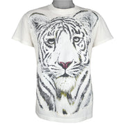 Vintage (Gildan) - White Tiger Animal Print T-Shirt 1990s Medium Vintage Retro