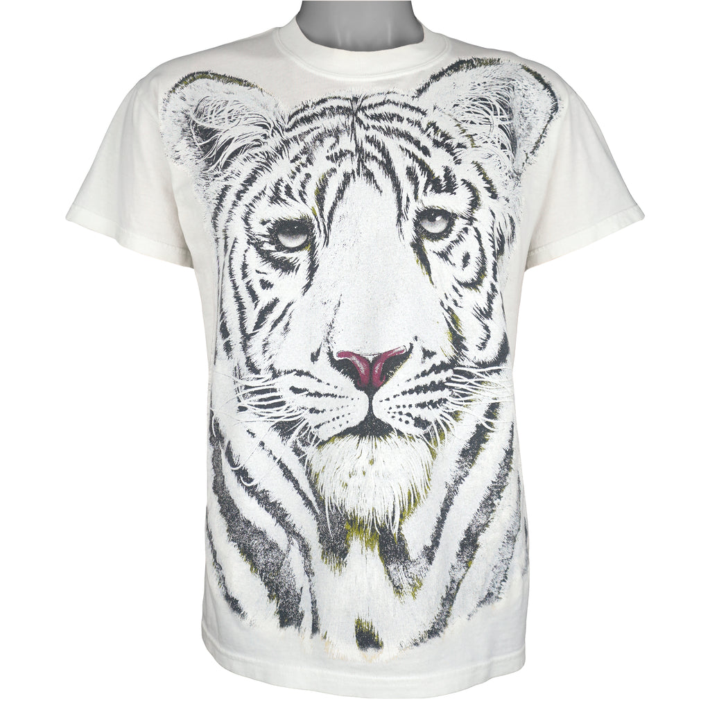 Vintage (Gildan) - White Tiger Animal Print T-Shirt 1990s Medium Vintage Retro