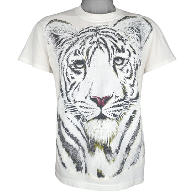 Vintage (Gildan) - White Tiger Animal Print T-Shirt 1990s Medium