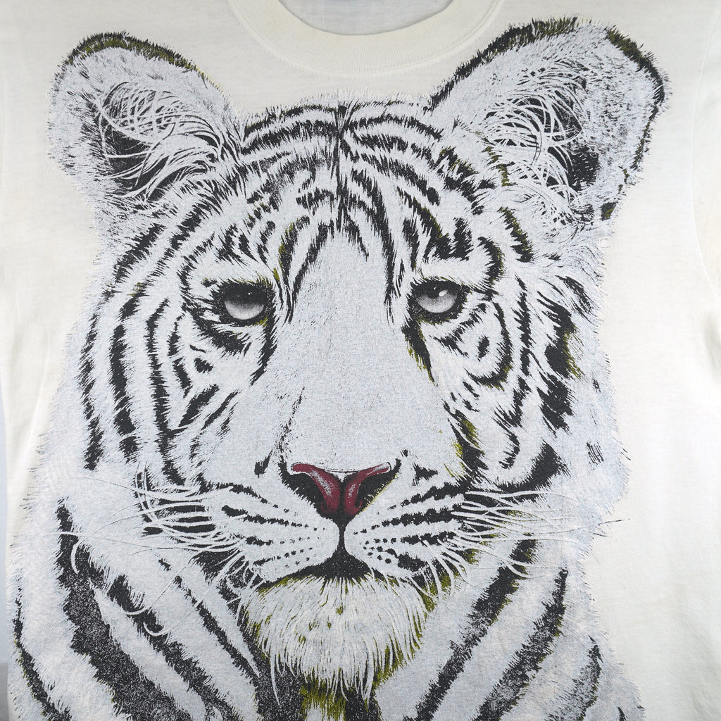 Vintage (Gildan) - White Tiger Animal Print T-Shirt 1990s Medium Vintage Retro
