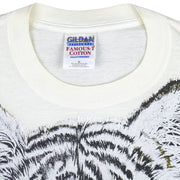 Vintage (Gildan) - White Tiger Animal Print T-Shirt 1990s Medium Vintage Retro