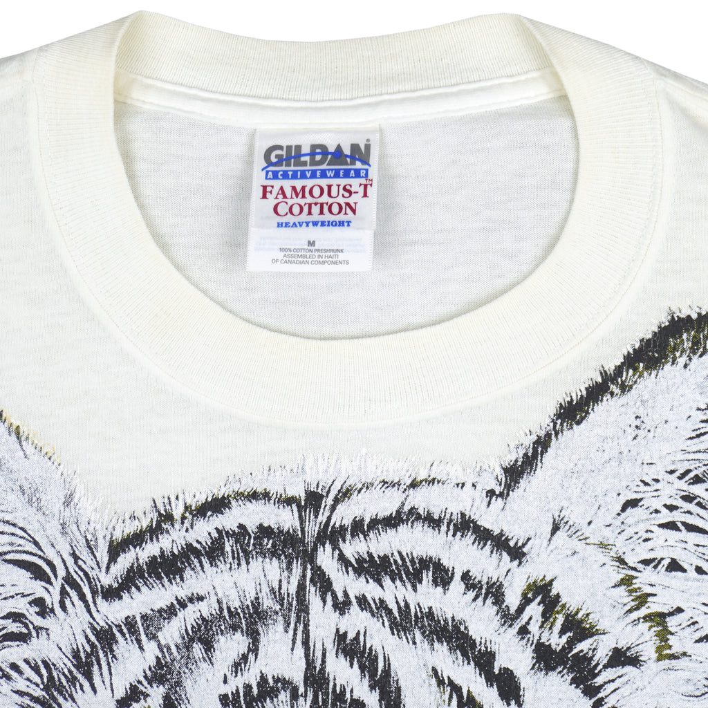 Vintage (Gildan) - White Tiger Animal Print T-Shirt 1990s Medium Vintage Retro
