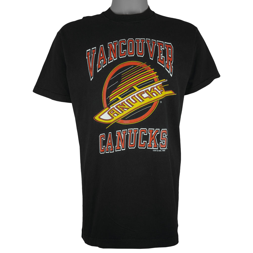 NHL (CGW) - Black Vancouver Canucks Spell-Out T-Shirt 1992 Medium Vintage Retro Hockey