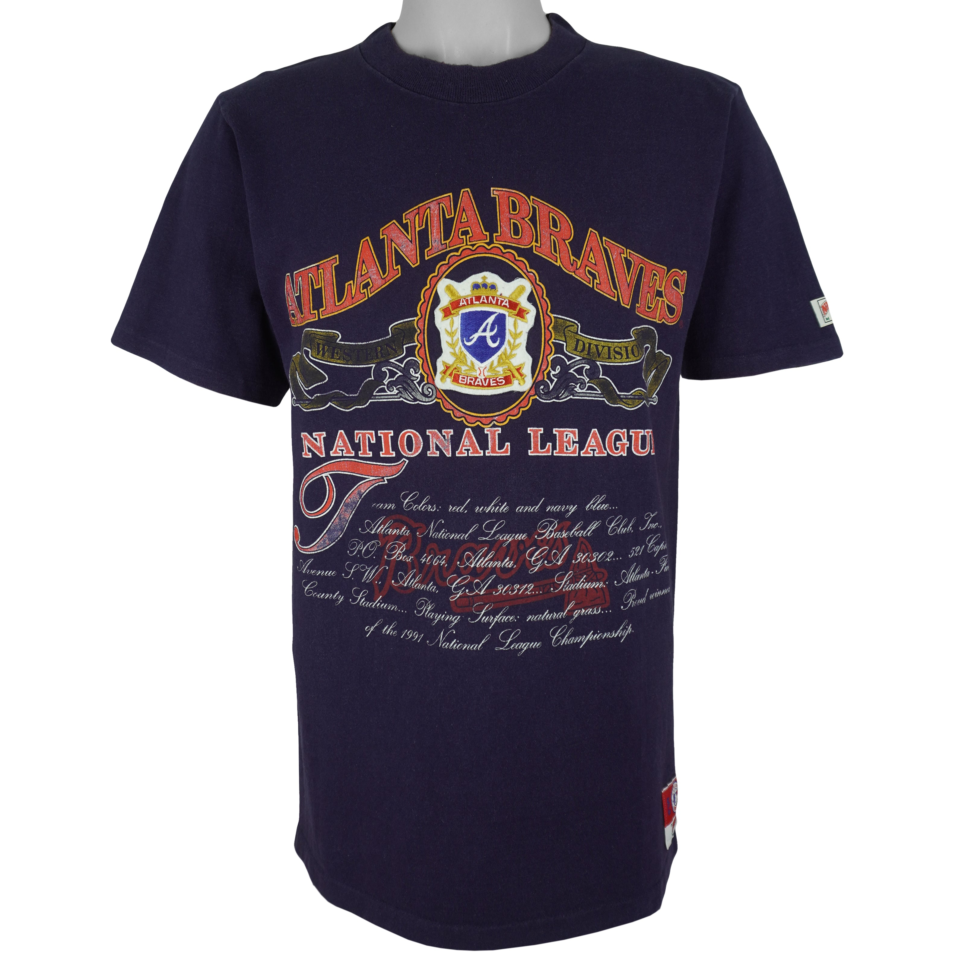 MLB (Nutmeg) - Atlanta Braves Western Division Embroidered T-Shirt 1991 Large Vintage Retro Baseball