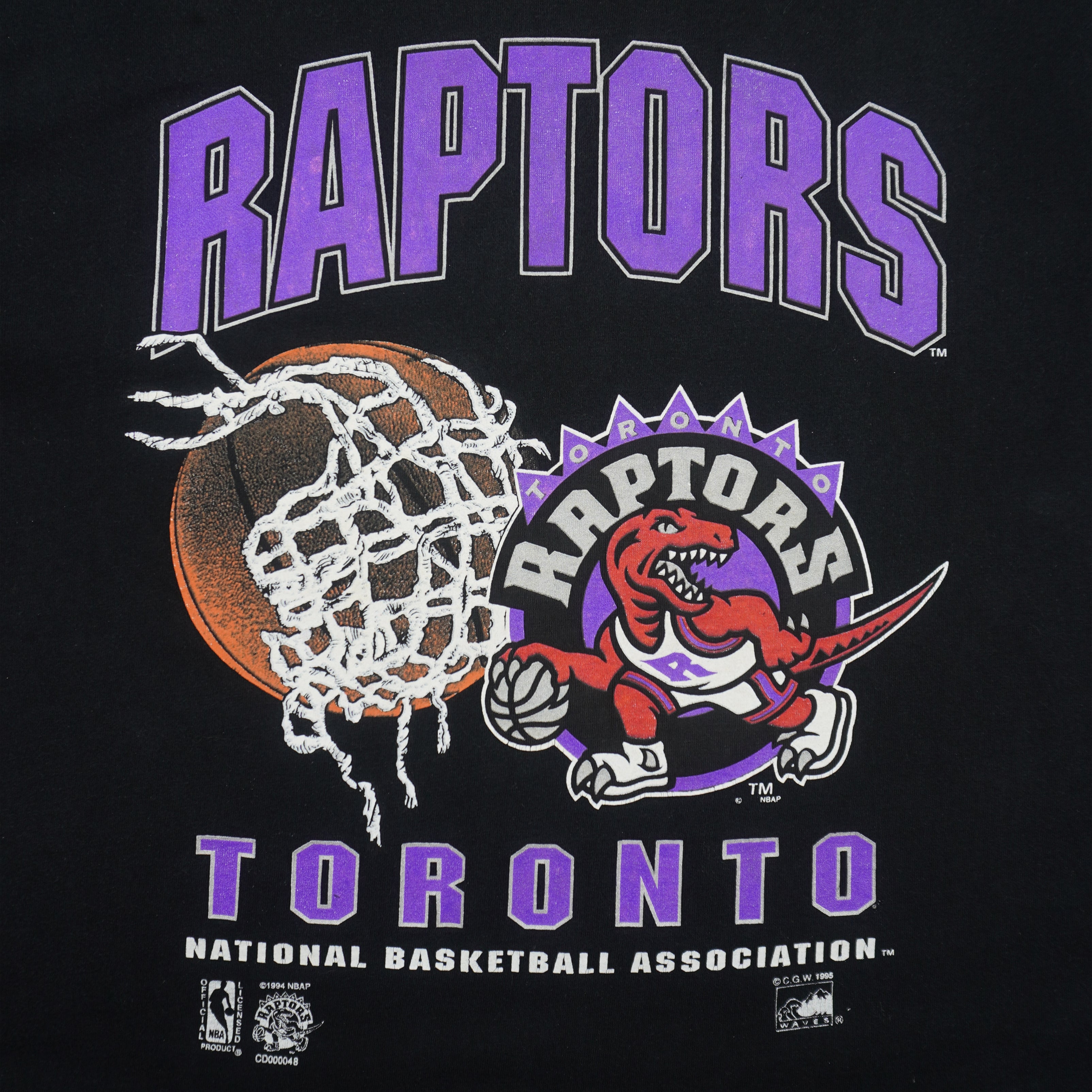 NBA (Waves)- Toronto Raptors Basketball Single Stitch T-Shirt 1995 Large Vintage retro Basketball