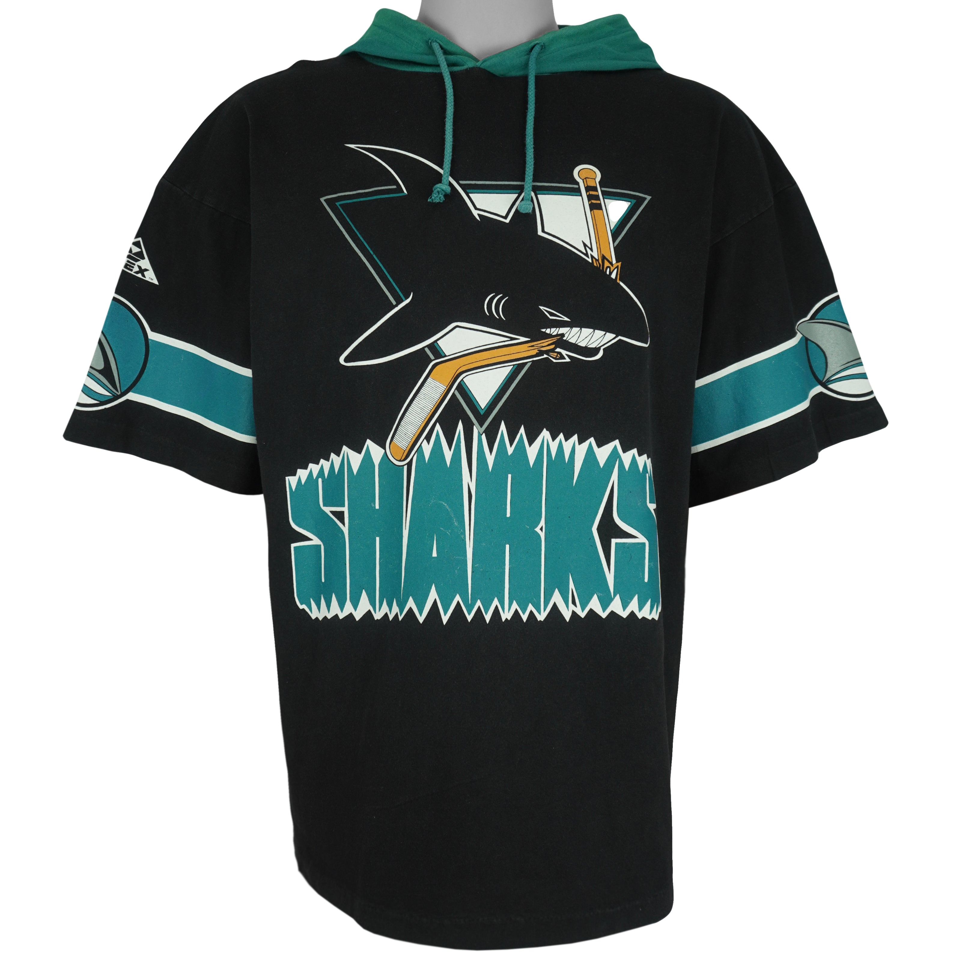 NHL (Apex One) - San Jose Sharks Hockey Hooded Jersey 1990s Medium Vintage Retro Hockey