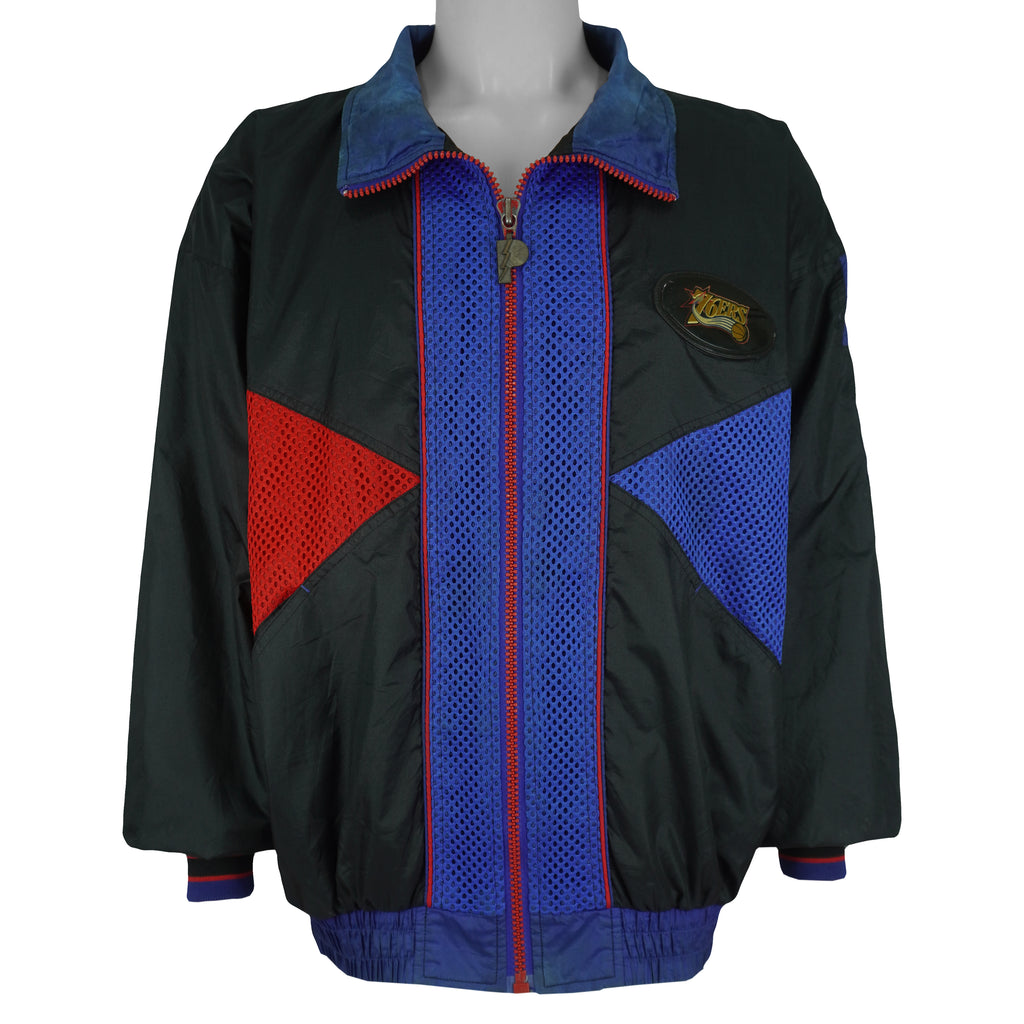 NBA (Pro Player) - Black, Blue & Red Philadelphia 76ers Zip-Up Windbreaker 1990s Large Vintage Retro Basketball