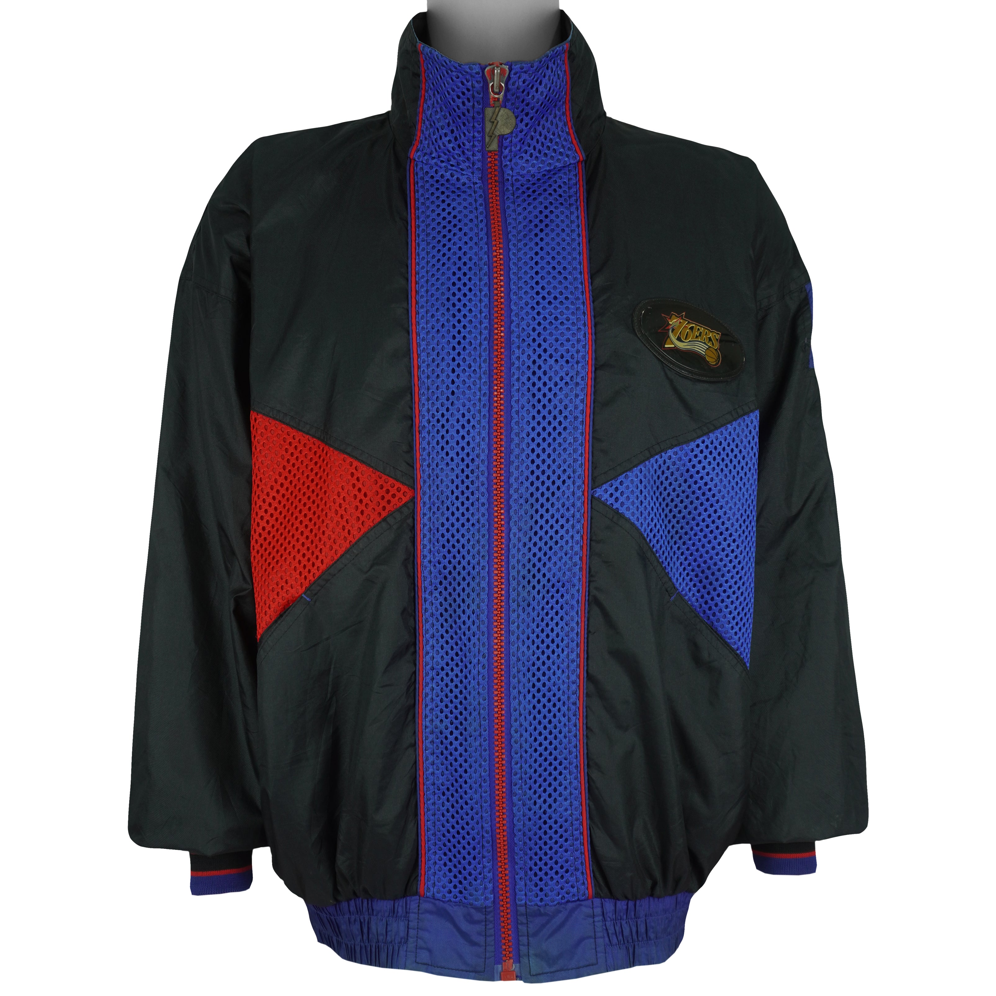 NBA (Pro Player) - Black, Blue & Red Philadelphia 76ers Zip-Up Windbreaker 1990s Large Vintage Retro Basketball