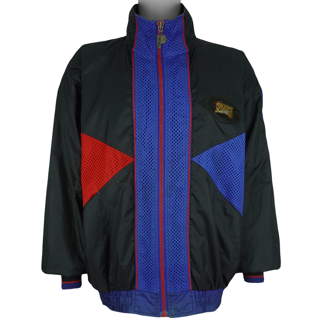 NBA (Pro Player) - Black, Blue & Red Philadelphia 76ers Zip-Up Windbreaker 1990s Large Vintage Retro Basketball
