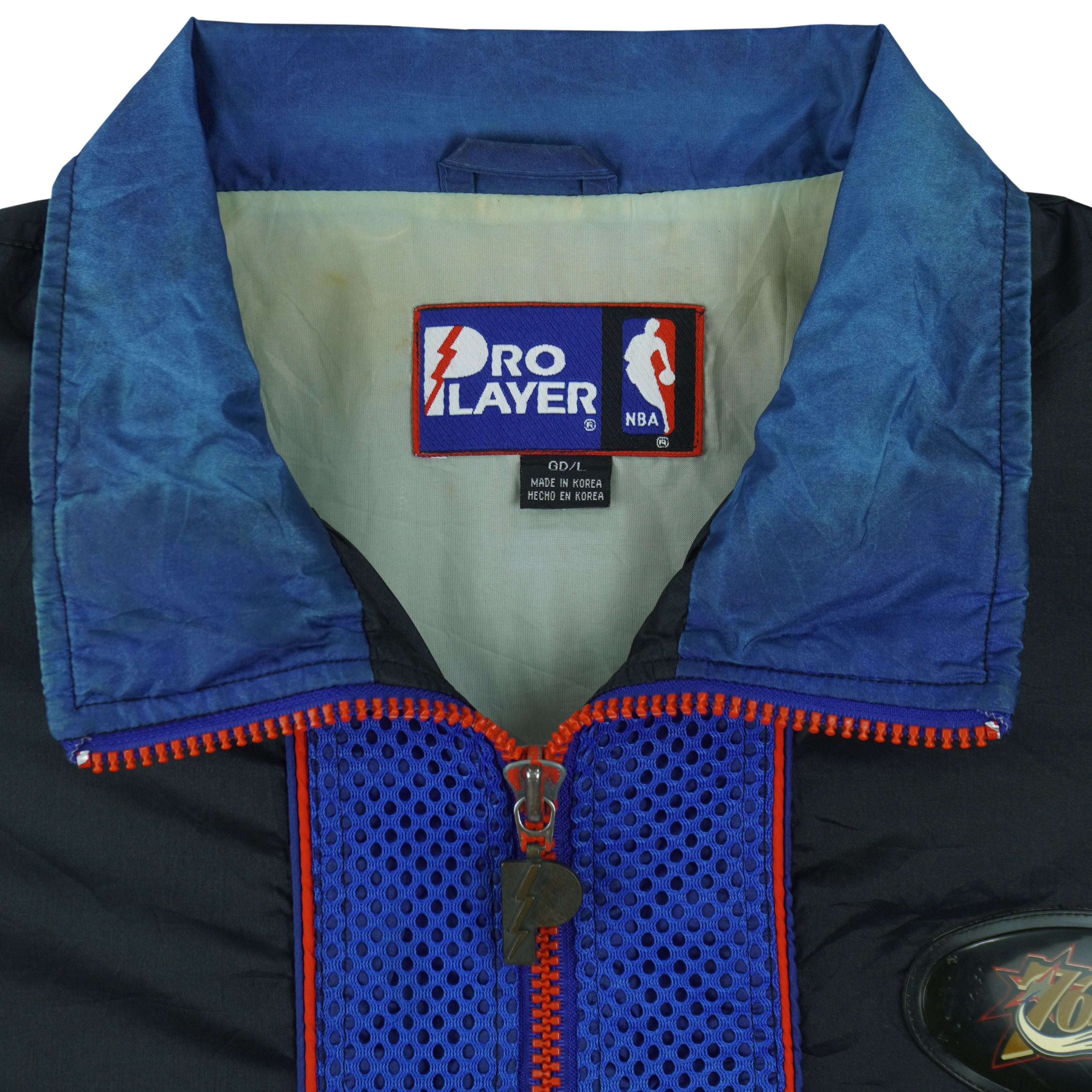 NBA (Pro Player) - Black, Blue & Red Philadelphia 76ers Zip-Up Windbreaker 1990s Large Vintage Retro Basketball