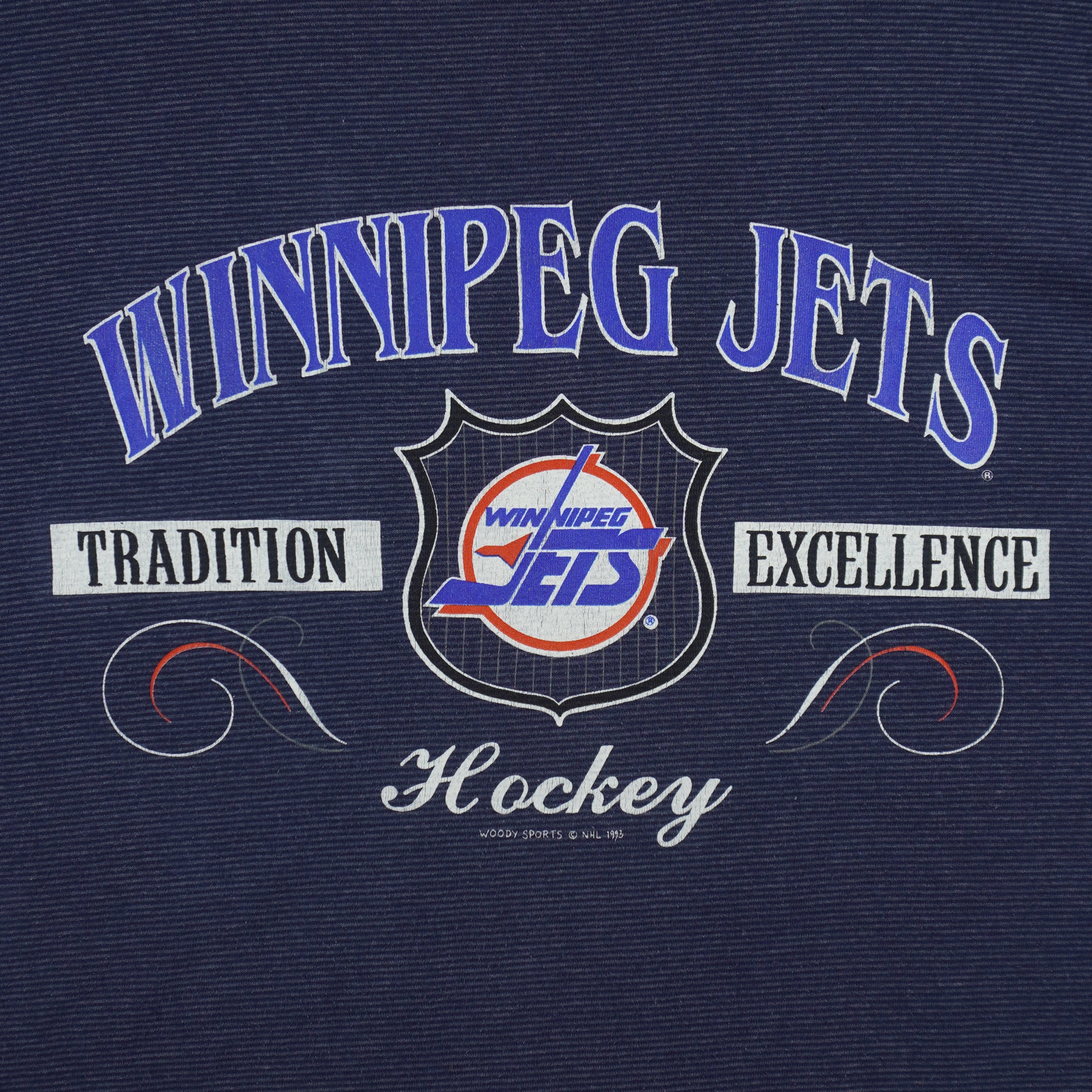 NHL (Woody Sports) - Winnipeg Jets Big Spell-Out T-Shirt 1993 X-Large Vintage Retro Hockey