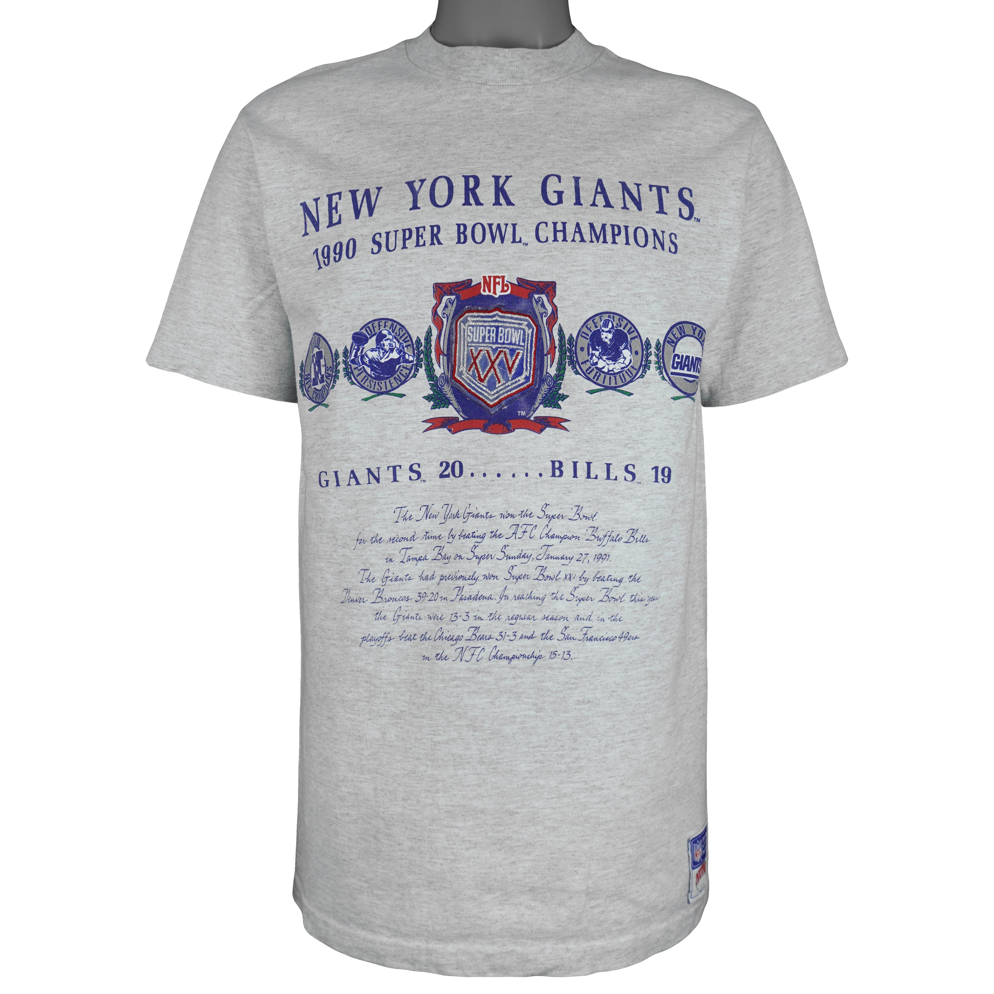 NFL (Nutmeg) - Grey Super Bowl XXV, Giants VS Bills T-Shirt 1990 Large Vintage Retro Football