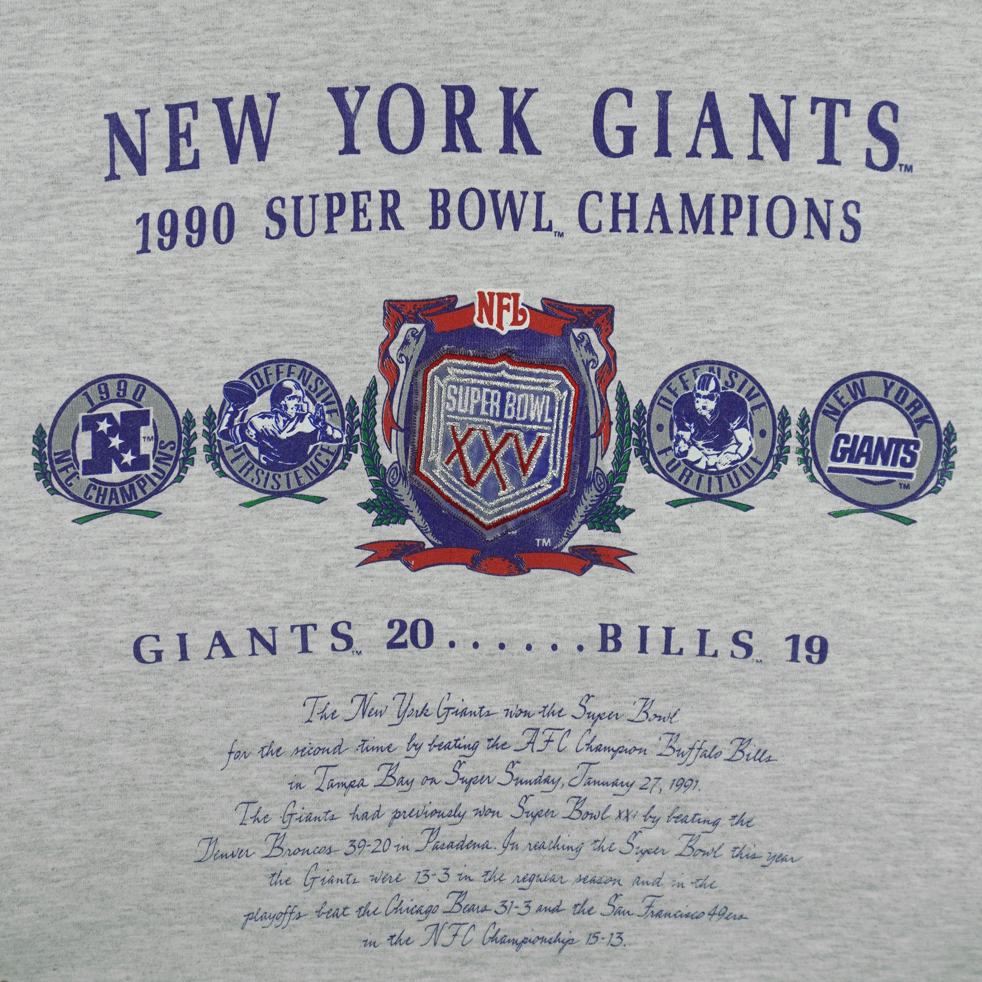 NFL (Nutmeg) - Grey Super Bowl XXV, Giants VS Bills T-Shirt 1990 Large Vintage Retro Football