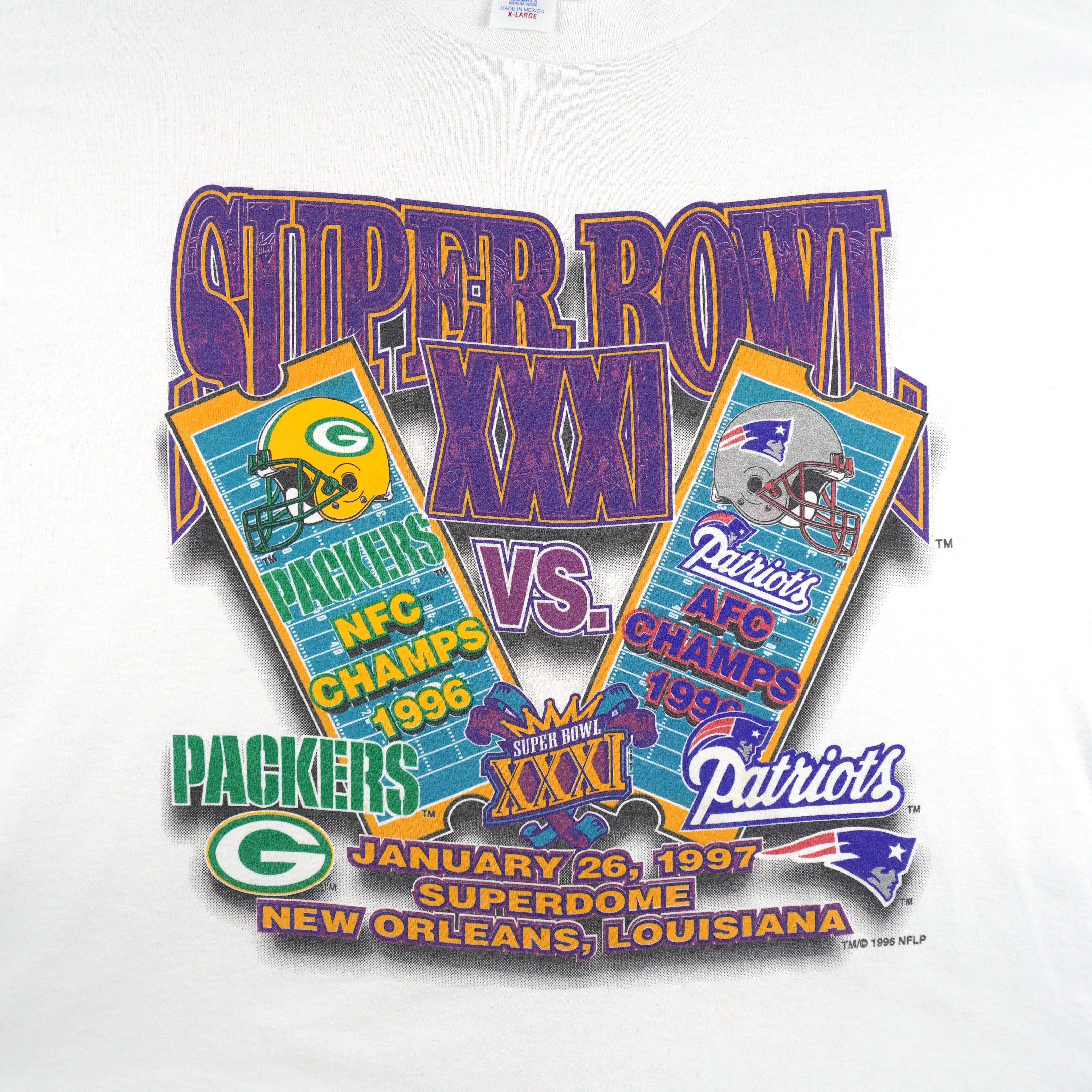 NFL (Logo 7) - Packers VS Patriots Super Bowl XXXI Tickets T-Shirt 1996 X-Large Vintage Retro Football