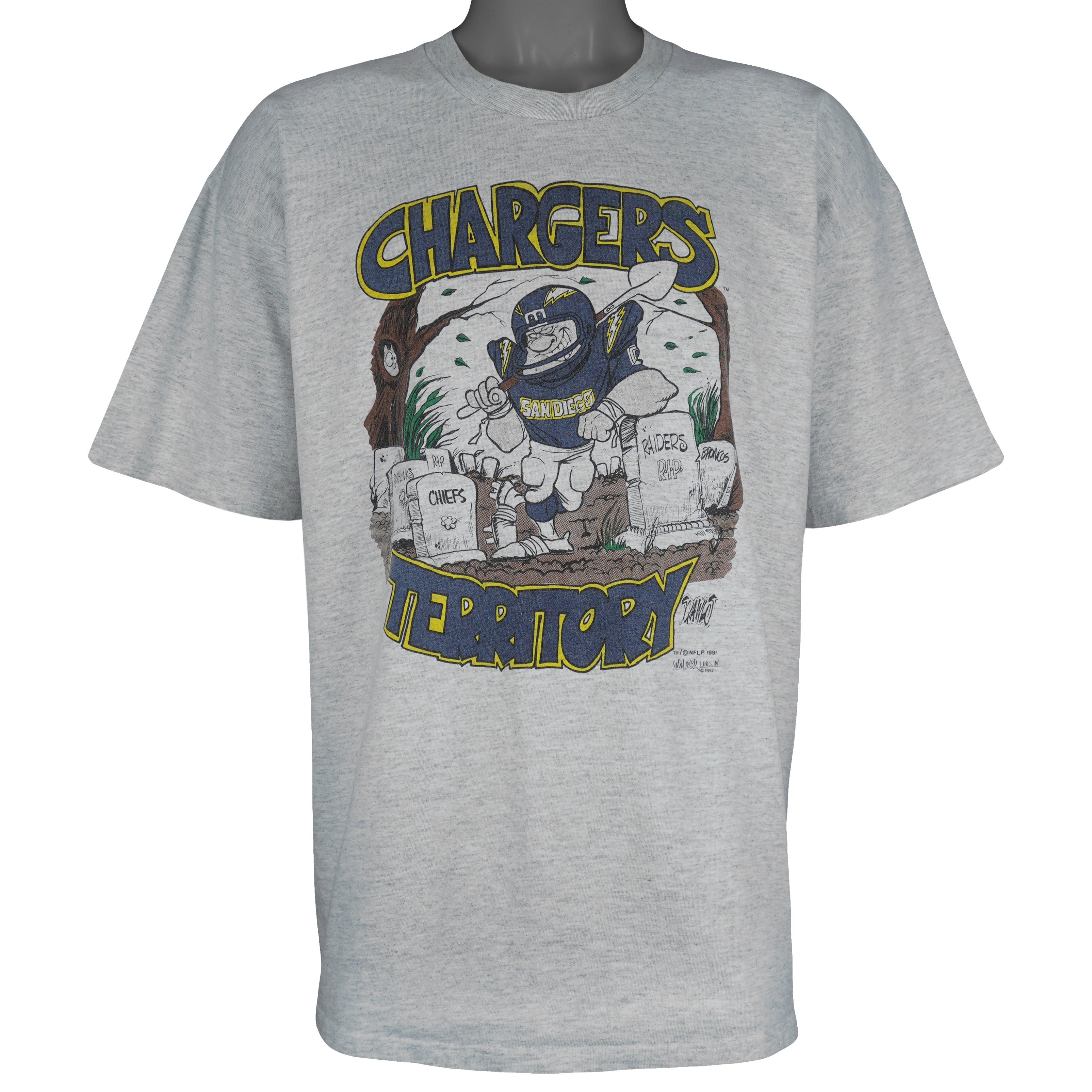 NFL (Unbalanced) - San Diego Chargers Caricature T-Shirt 1991 X-Large Vintage Retro Football