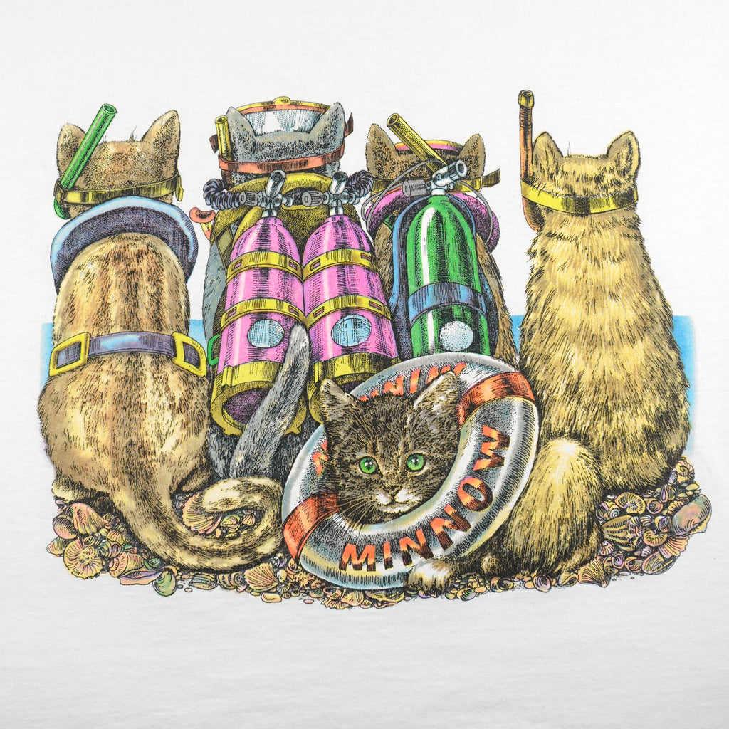 Vintage (Prints of Tails) - Cats Beach Snorkeling T-Shirt 1990s Large Vintage Retro 