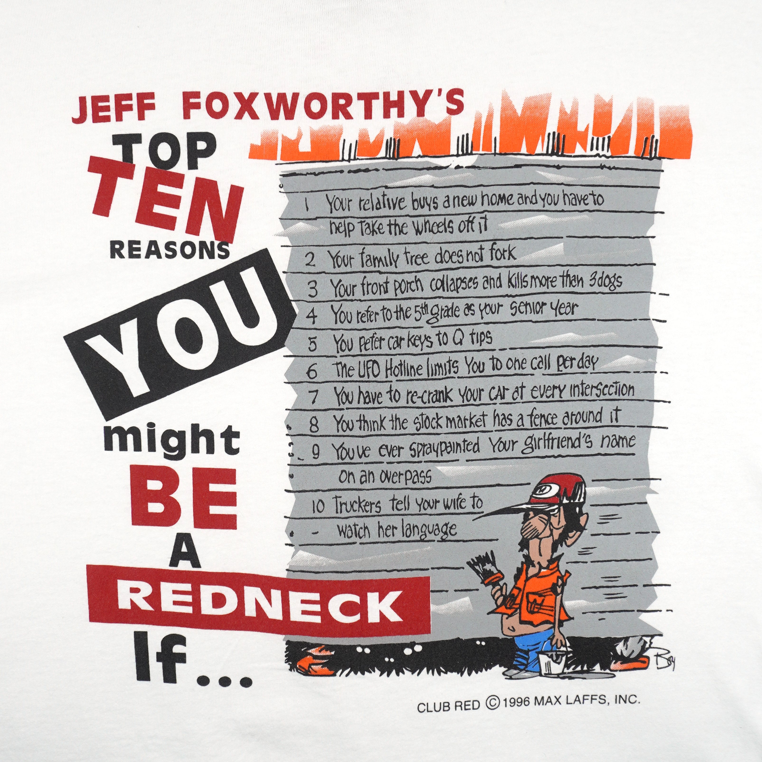 Vintage (Club Red) - Jeff Foxworthy Redneck Top 10 Comedy T-Shirt 1996 Large Vintage Retro
