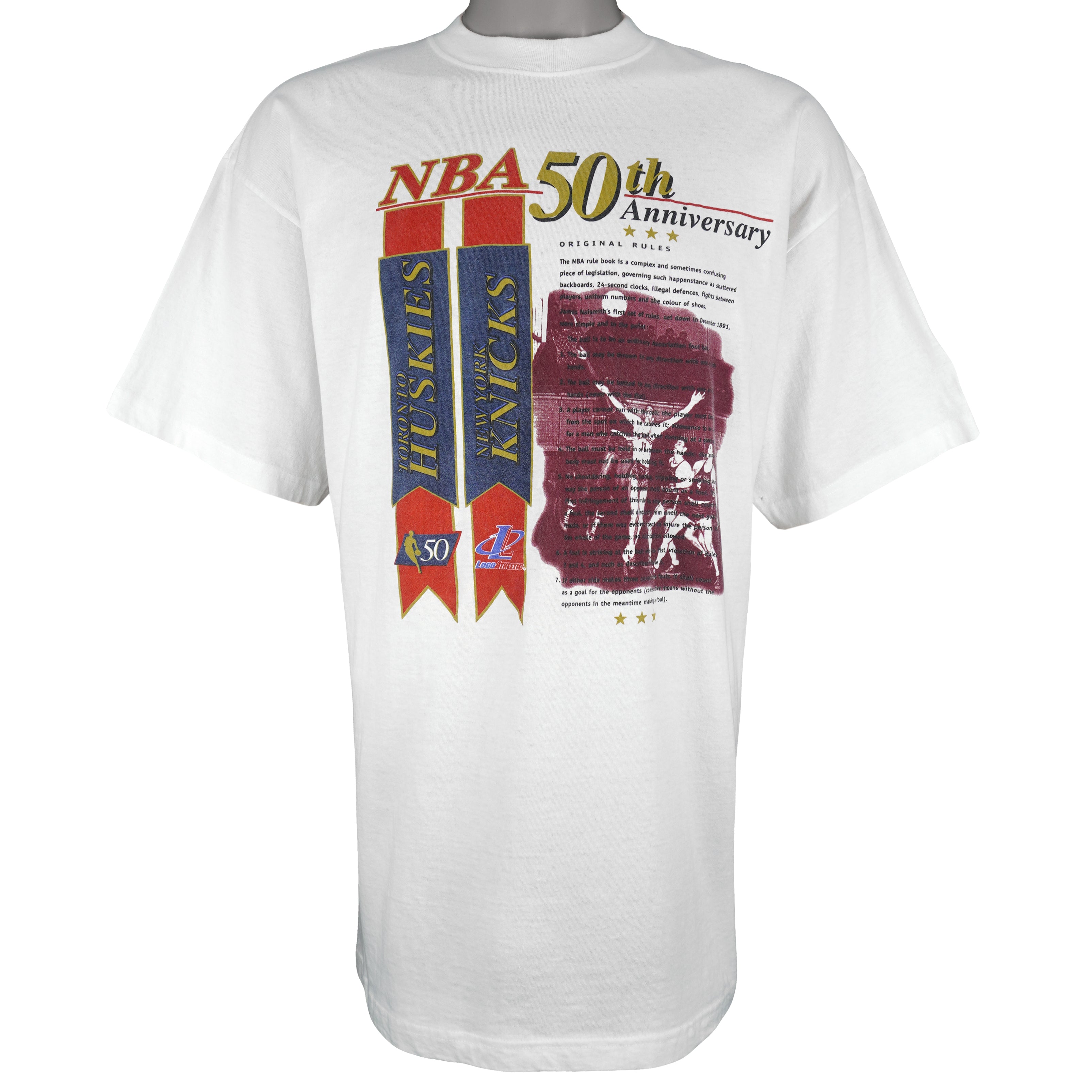 NBA (Logo Athletic) - Huskies vs Knicks NBA 50th Anniversary T-Shirt 1990s X-Large Vintage Retro Basketball