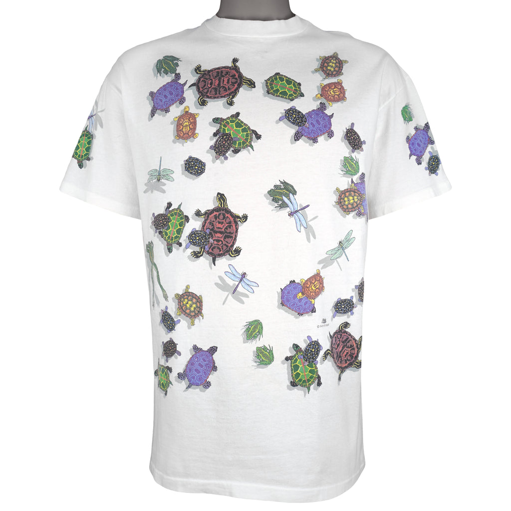Vintage (Hanes) - Turtle & Dragonfly Animals Print T-Shirt 1990s Large Vintage Retro