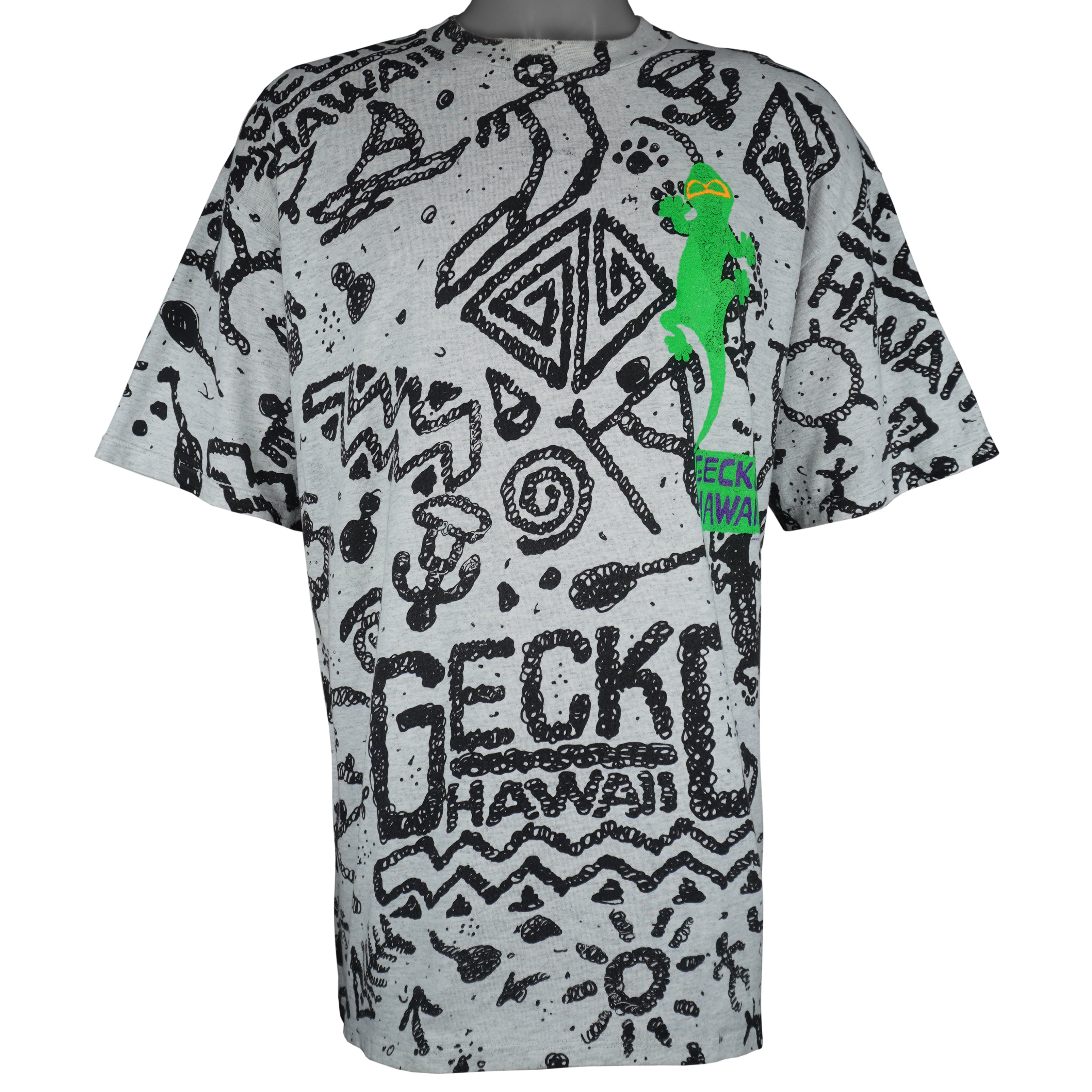 Vintage Gecko Hawaii gray and black all-over print T-shirt from the 1990s