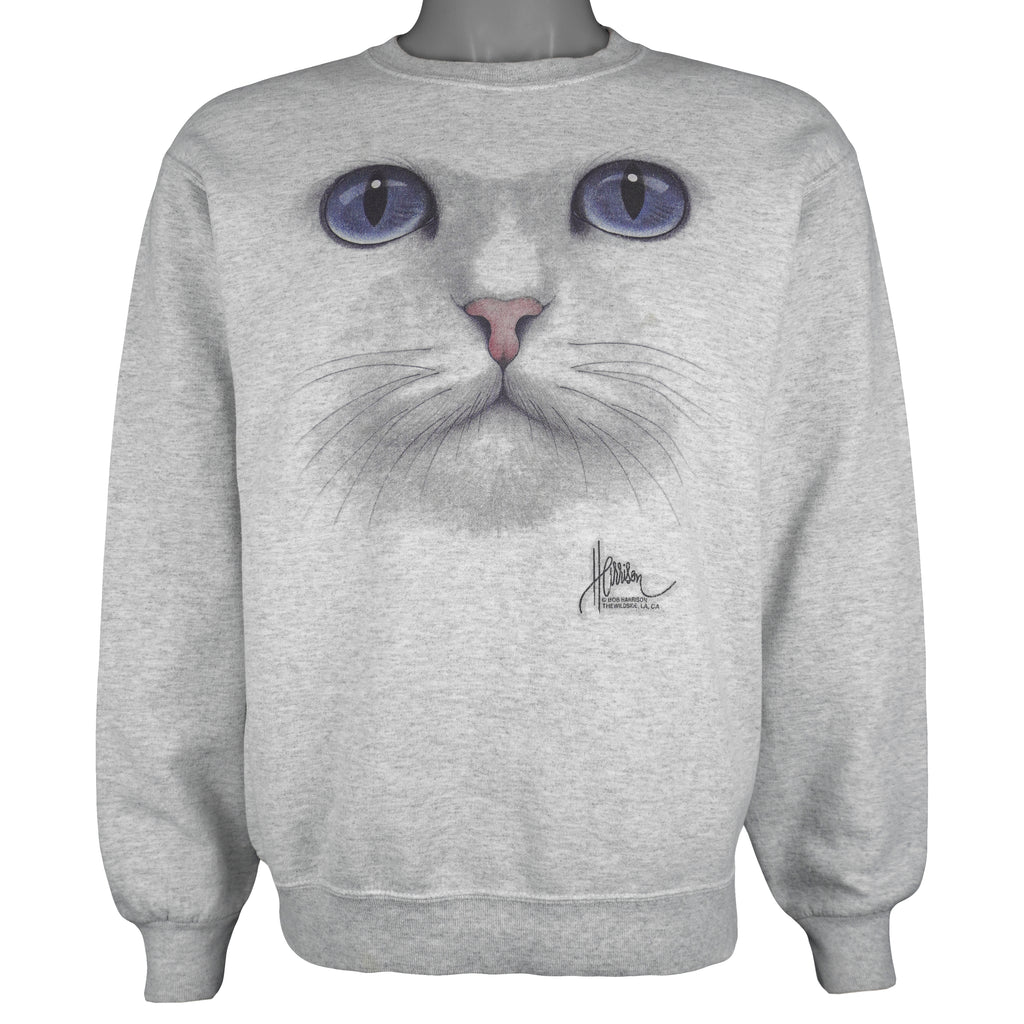Vintage Cat Big Face Sweatshirt Crewneck Adult Large White