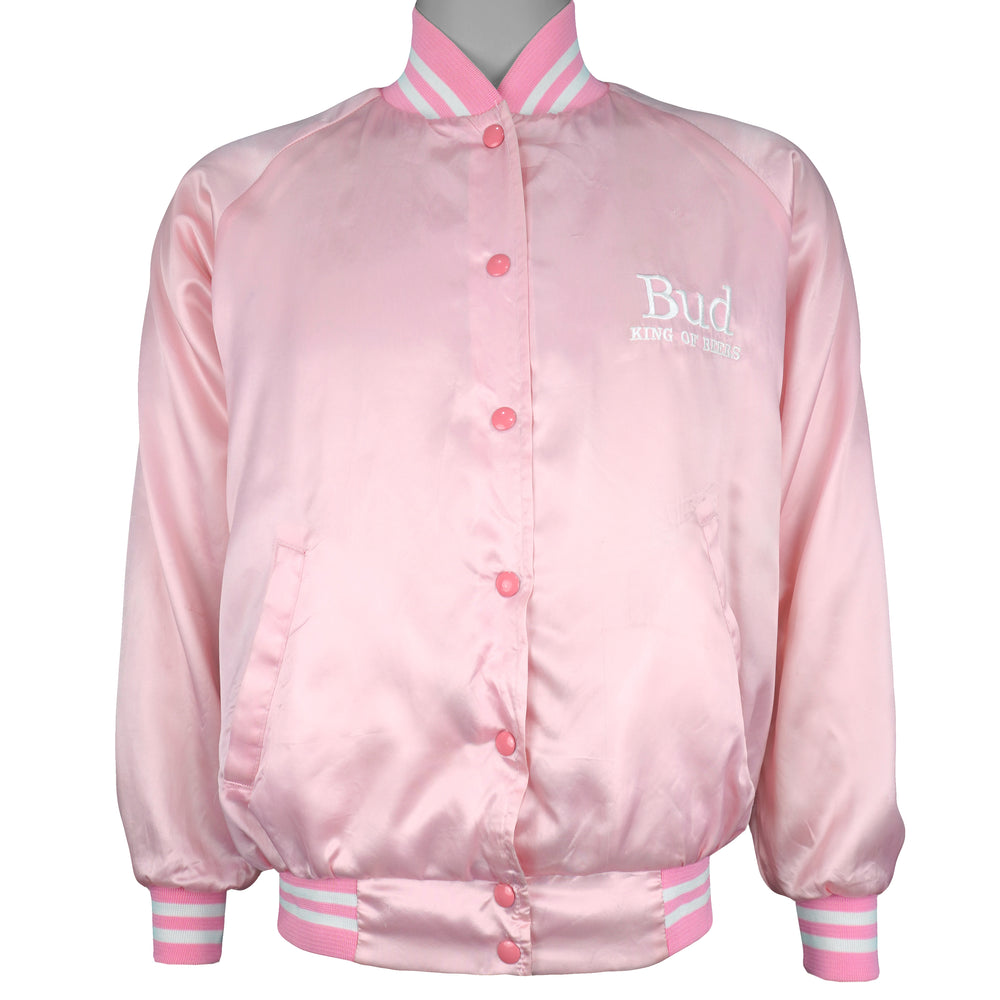 Budweiser - Pink Bud Light Bomber Satin Jacket 1990s Medium Vintage Retro