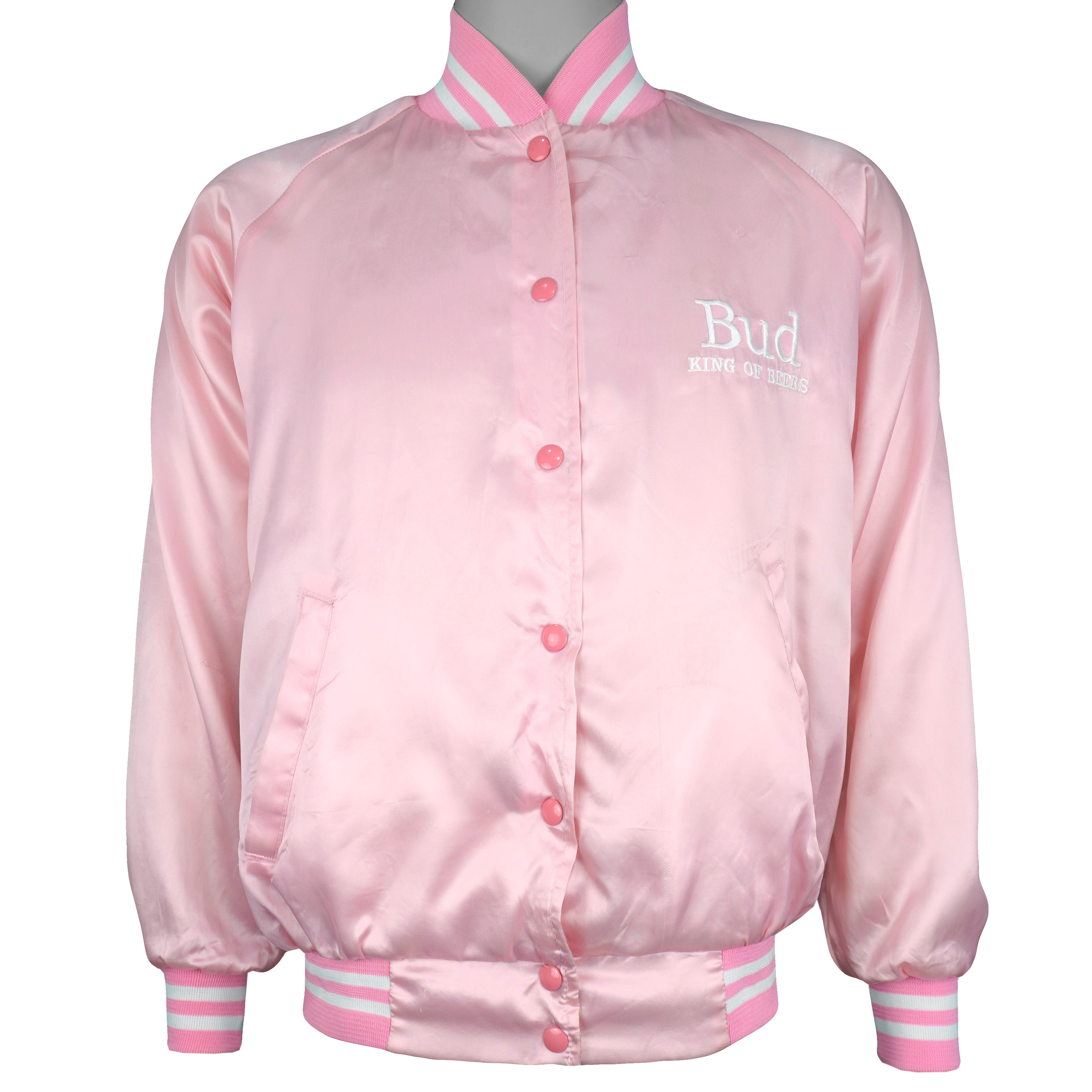 Budweiser - Pink Bud Light Bomber Satin Jacket 1990s Medium Vintage Retro