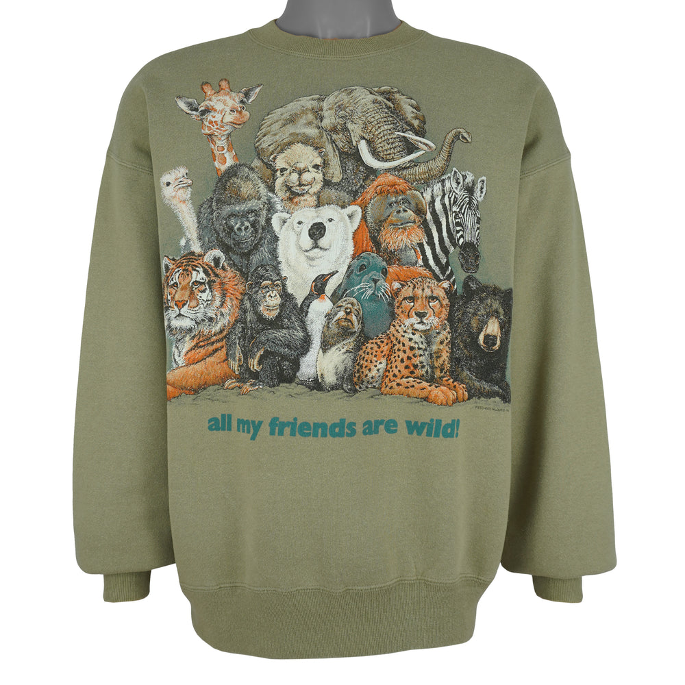 Vintage (Jerzees) - All My Friends Are Wild! Crew Neck Sweatshirt 1996 Large Vintage Retro