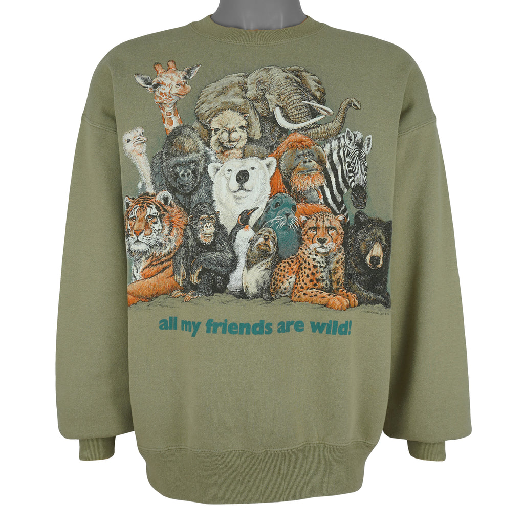 Vintage (Jerzees) - All My Friends Are Wild! Crew Neck Sweatshirt 1996 Large Vintage Retro