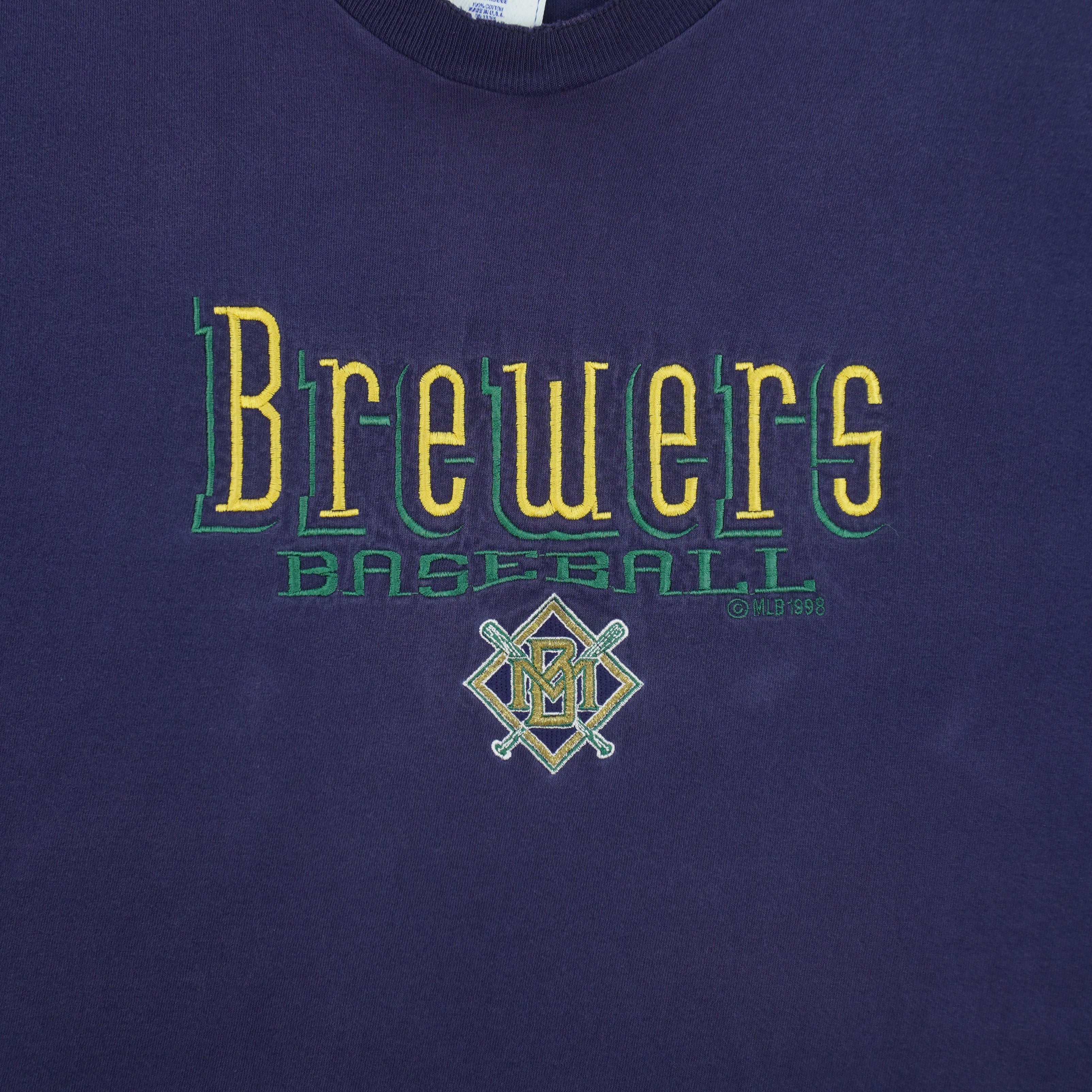 MLB (Pro Player) - Milwaukee Brewers Baseball Embroidered T-Shirt 1998 Large Vintage Retro Baseball