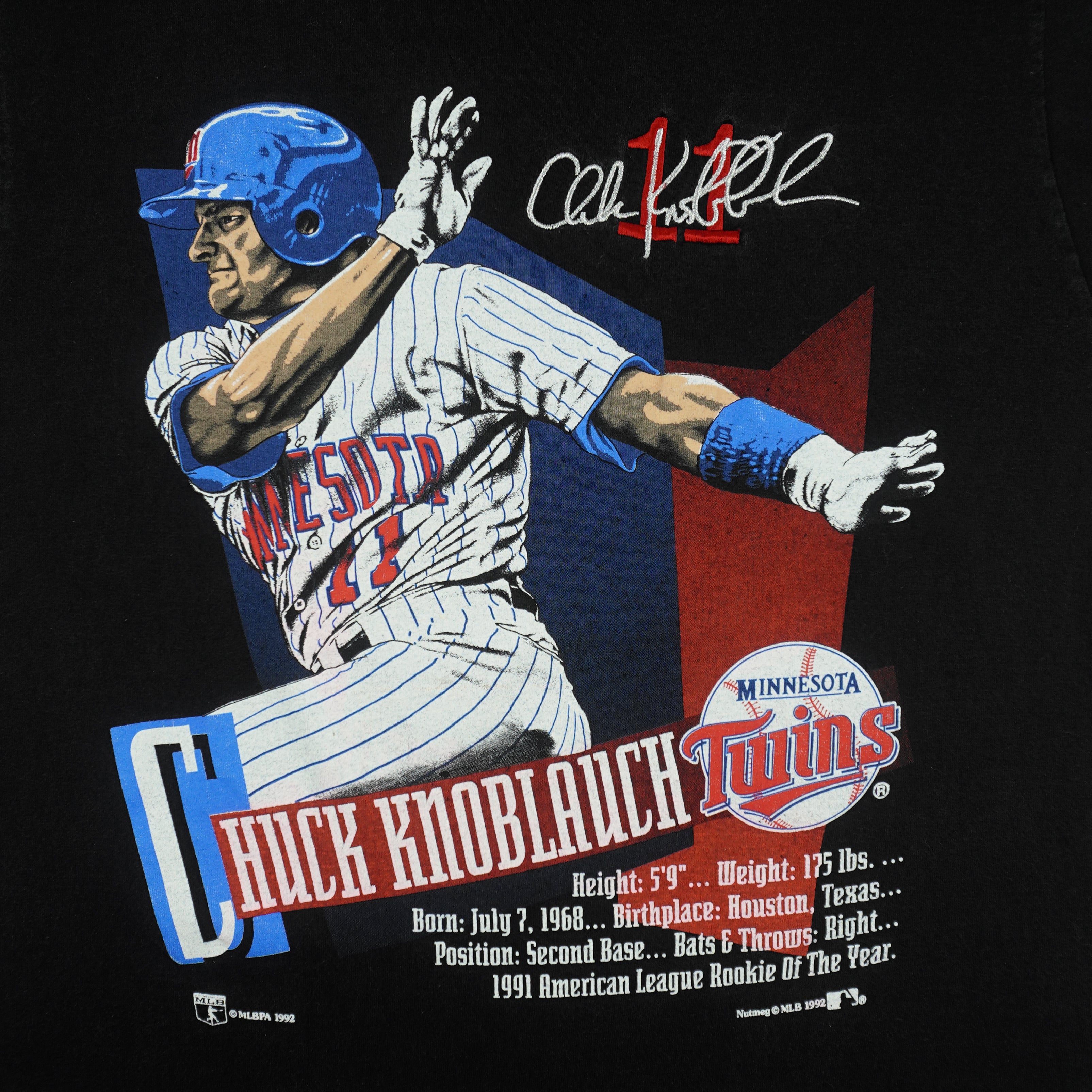 MLB (Nutmeg) - Minnesota Twins Chuck Knoblauch Autographed T-Shirt 1992 X-Large Vintage Retro Baseball