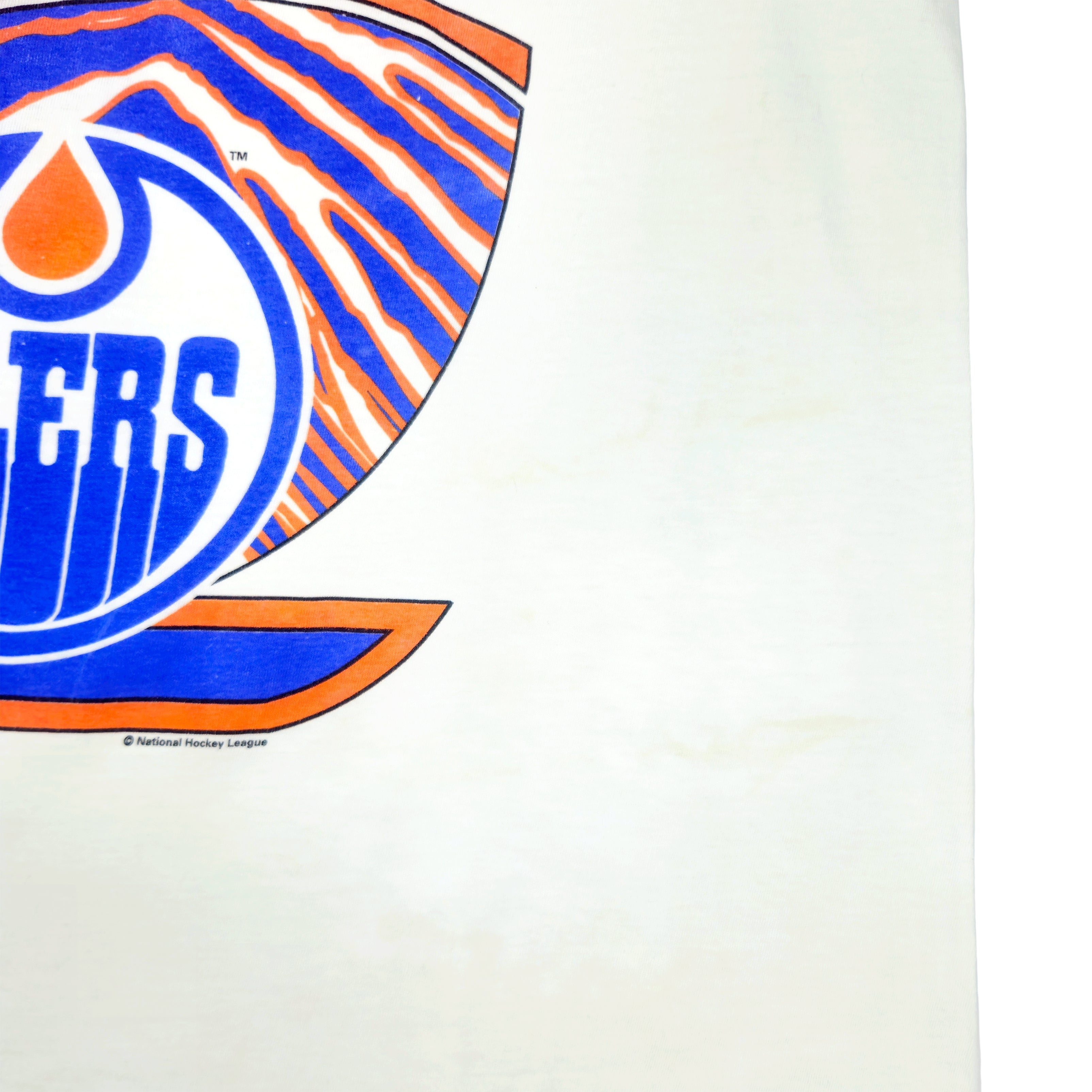NHL (Zubaz) - Edmonton Oilers Single Stitch T-Shirt 1990s X-Large Vintage Retro Hockey