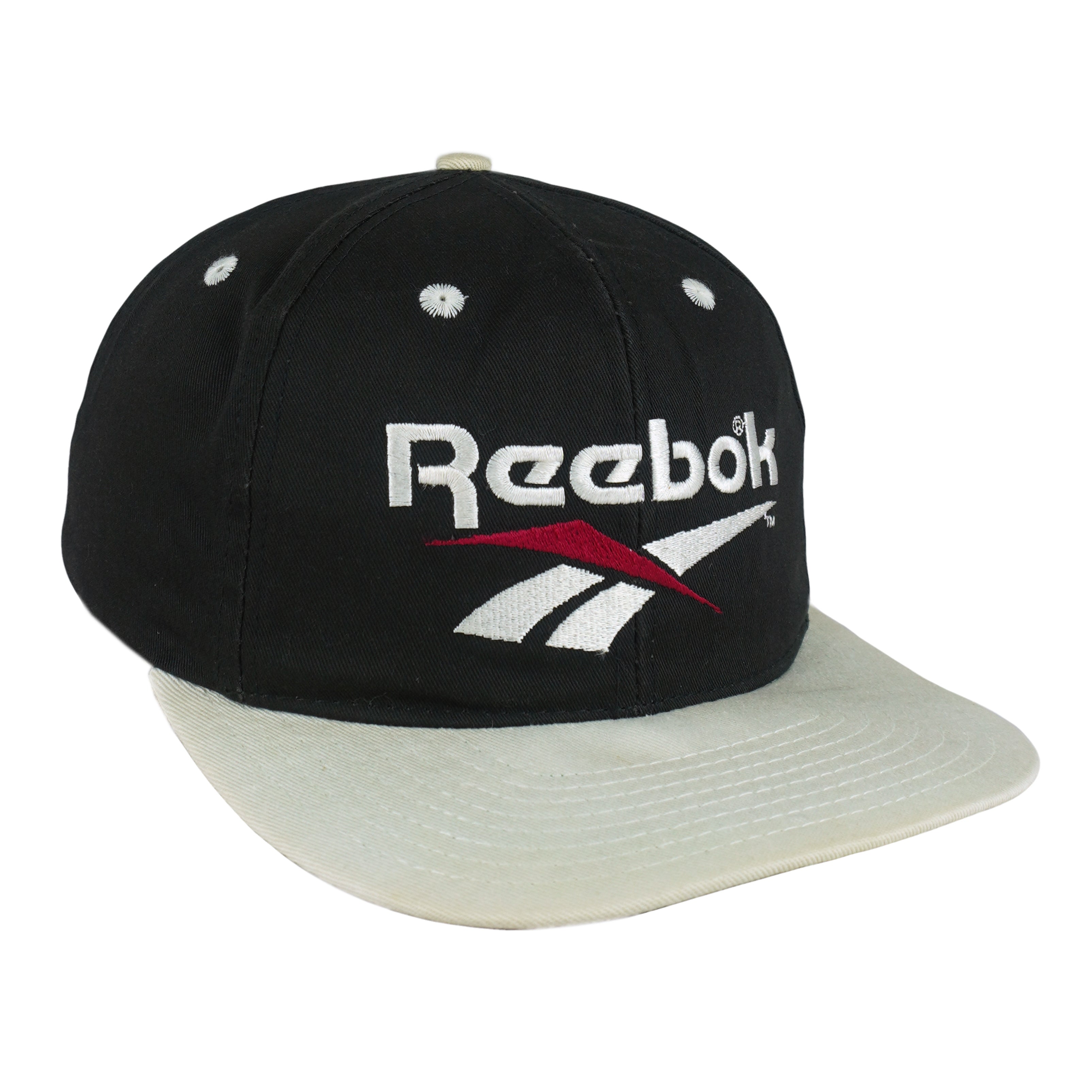 Reebok - Black & White Embroidered Logo Snapback Hat 1990s OSFA Vintage Retro