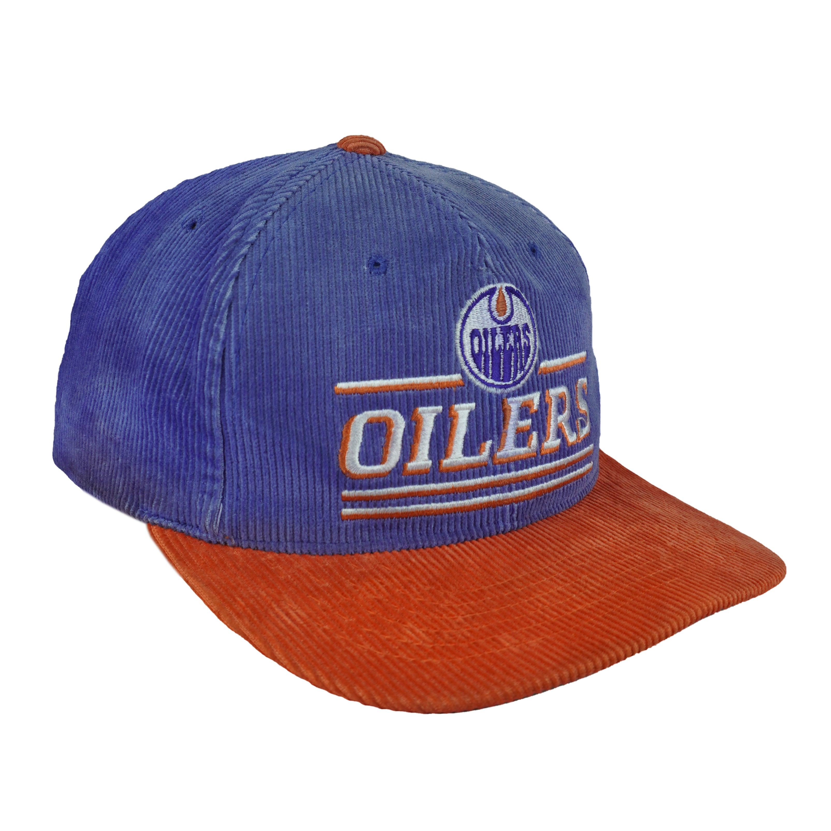 NHL (Ted Fletcher) - Edmonton Oilers Corduroy Snapback Hat 1990s OSFA Vintage Retro Hockey