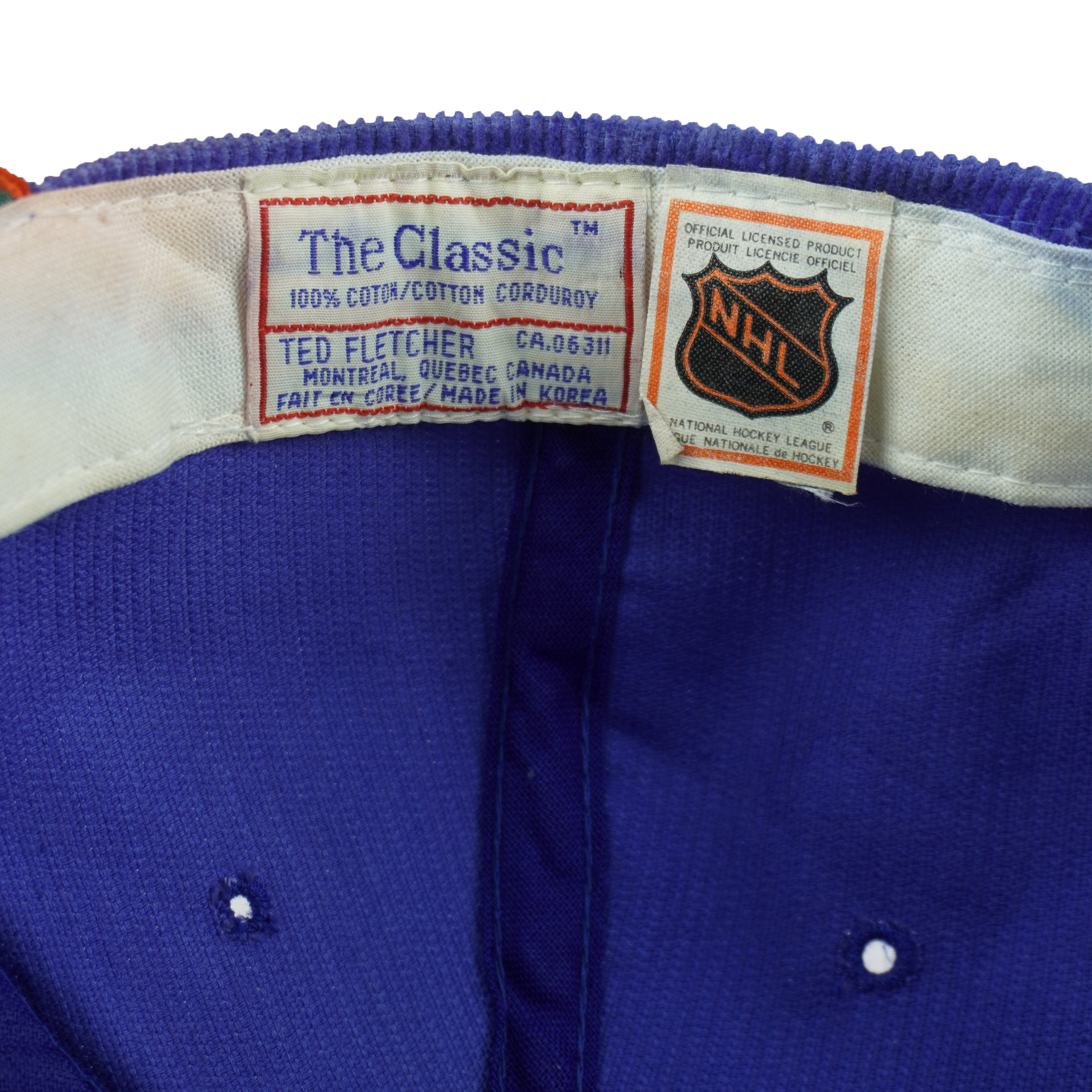 NHL (Ted Fletcher) - Edmonton Oilers Corduroy Snapback Hat 1990s OSFA Vintage Retro Hockey