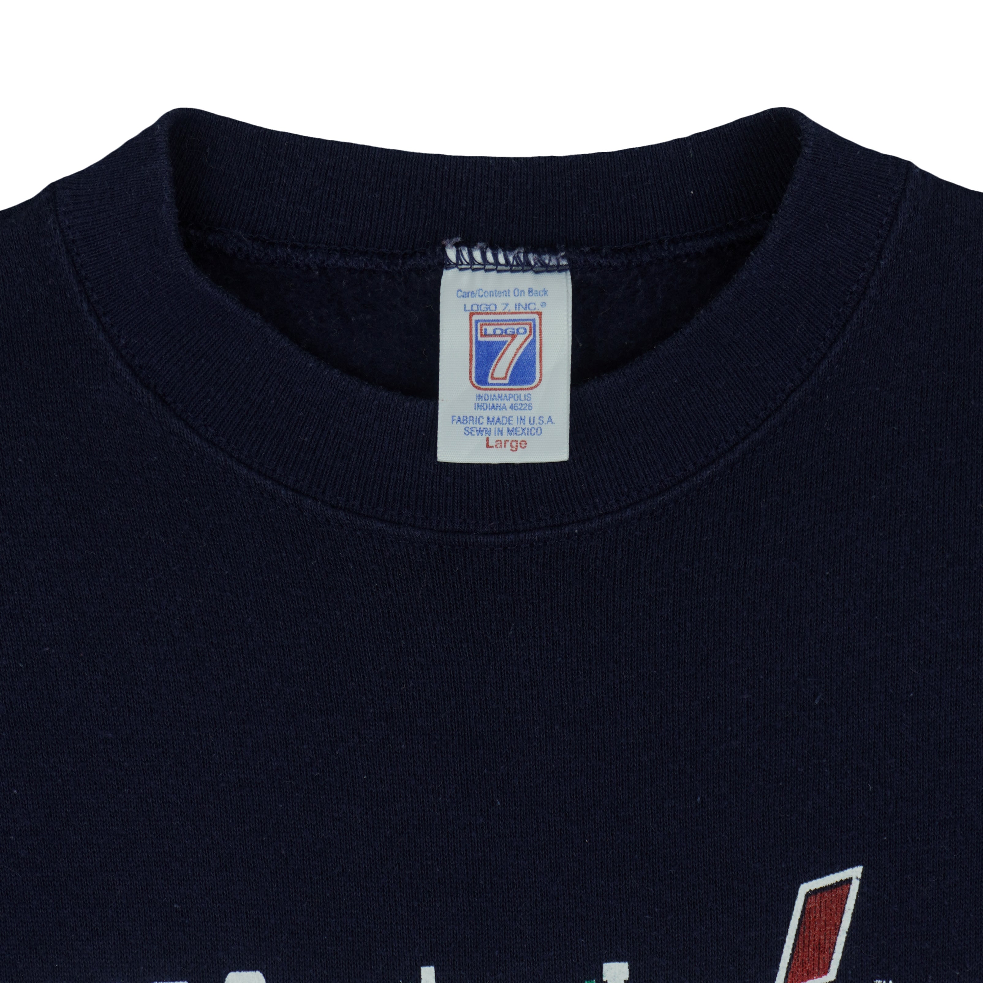 Logo 7 large label inside the navy sweatshirt neckline