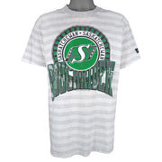 CFL (Woody Sports) - Saskatchewan Roughriders Pinstripe T-Shirt 1991 X-Large Vintage Retro Football
