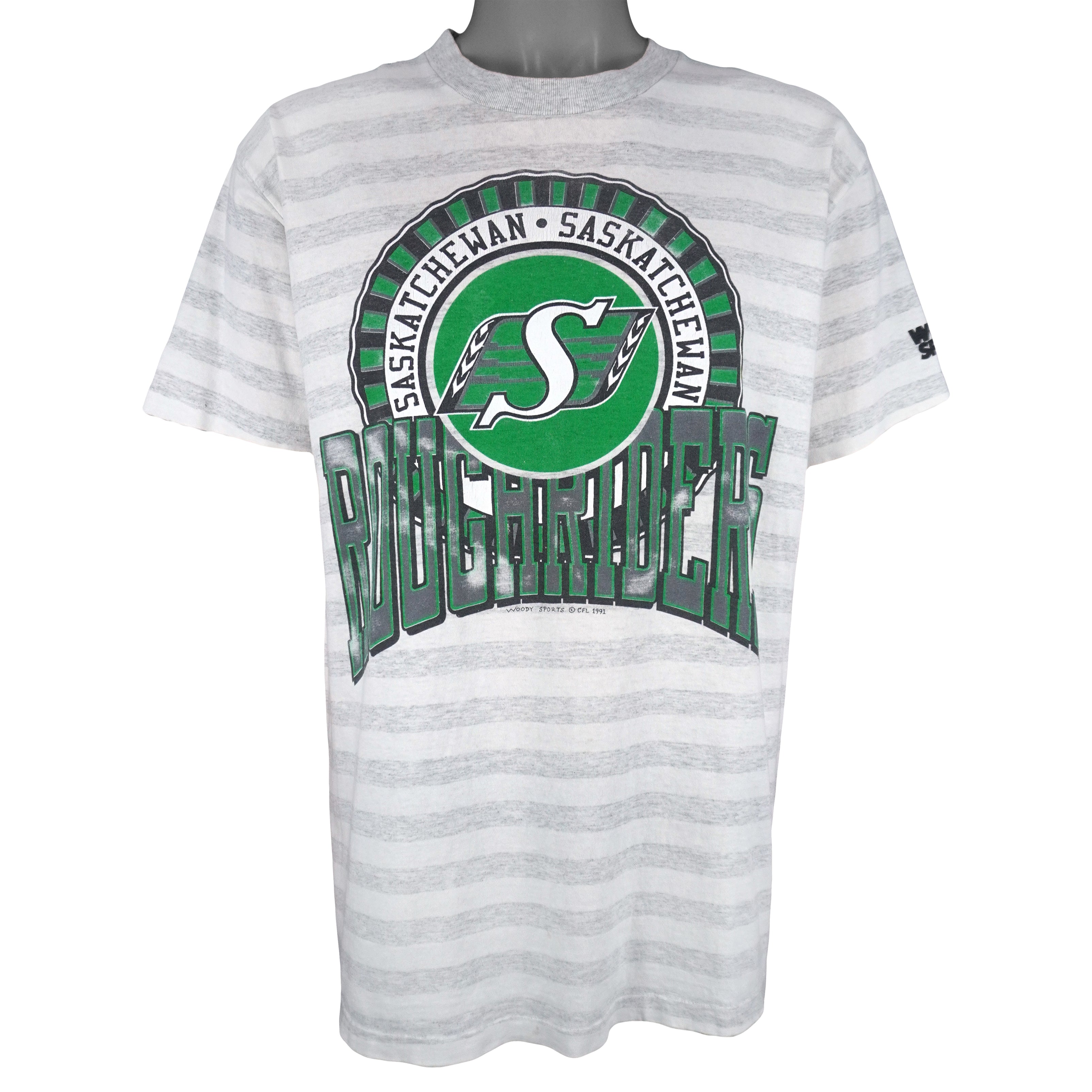 CFL (Woody Sports) - Saskatchewan Roughriders Pinstripe T-Shirt 1991 X-Large Vintage Retro Football