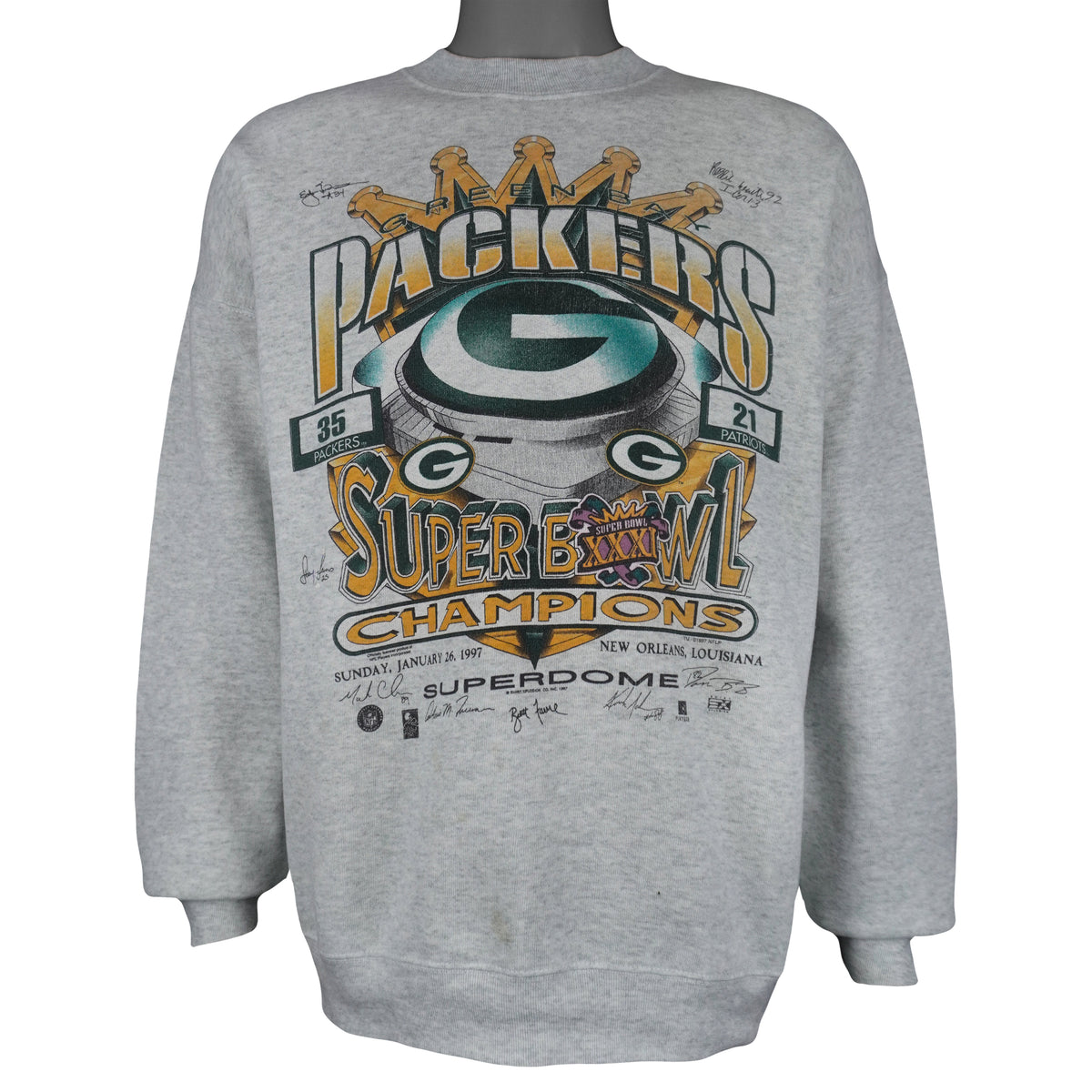 Vintage NFL - Green Bay Packers VS New England Patriots Super Bowl XXXI Sweatshirt 1997 X-Large in gray
