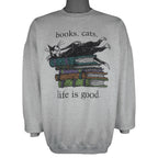 Vintage (Gildan) - Books Cats Life Is Good Crew Neck Sweatshirt 1990s X-Large Vintage Retro