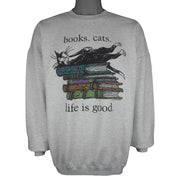 Vintage (Gildan) - Books Cats Life Is Good Crew Neck Sweatshirt 1990s X-Large Vintage Retro