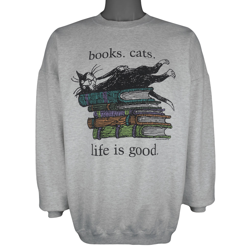 Vintage (Gildan) - Books Cats Life Is Good Crew Neck Sweatshirt 1990s X-Large Vintage Retro