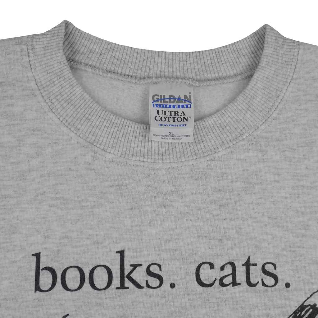 Vintage (Gildan) - Books Cats Life Is Good Crew Neck Sweatshirt 1990s X-Large Vintage Retro