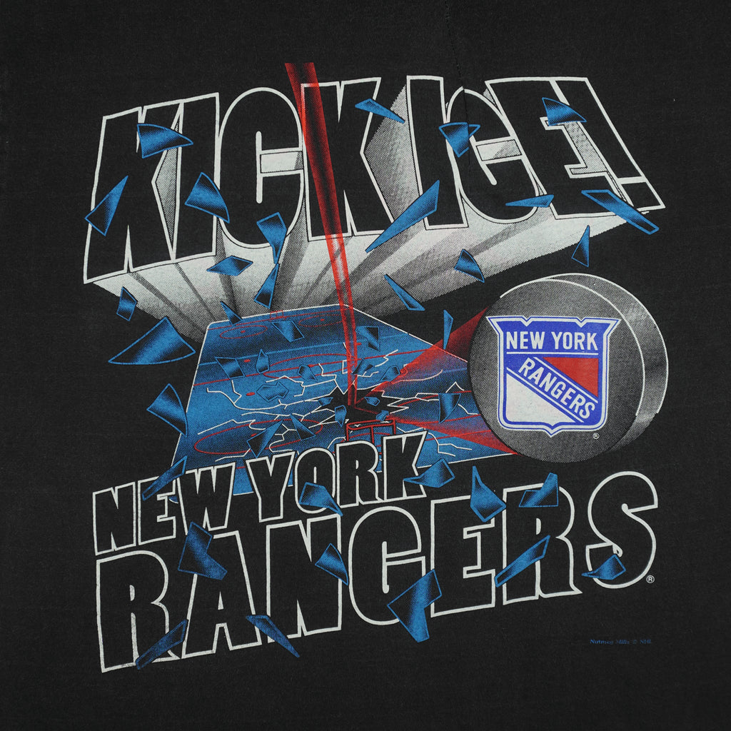 NHL (Nutmeg) - New York Rangers Kick Ice! Spell-Out T-Shirt 1990s X-Large Vintage Retro Hockey