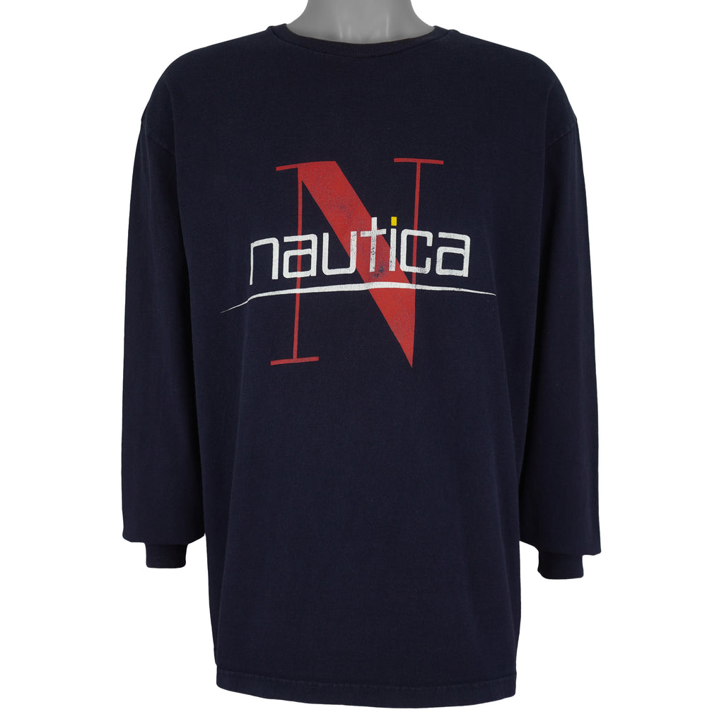 Nautica - Blue Big Logo Long Sleeved Shirt 1990s Large Vintage Retro