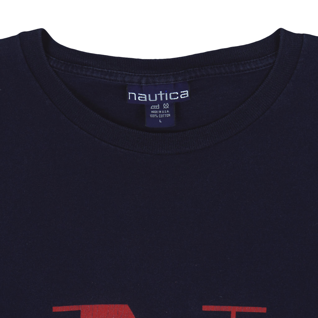 Nautica - Blue Big Logo Long Sleeved Shirt 1990s Large Vintage Retro