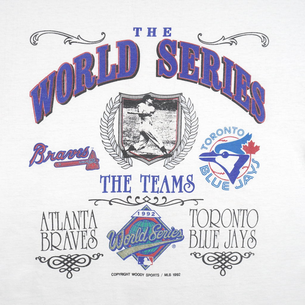 MLB (Woody Sports) - Atlanta Braves Vs Toronto Blue Jays World Series T-Shirt 1992 Large Vintage Retro Baseball