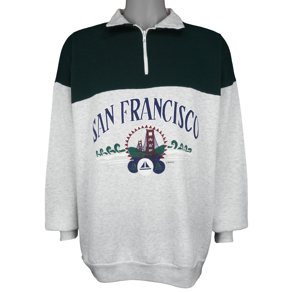 Vintage - Grey & Green San Francisco 1/4 Zip Sweatshirt 1990s X-Large Vintage Retro