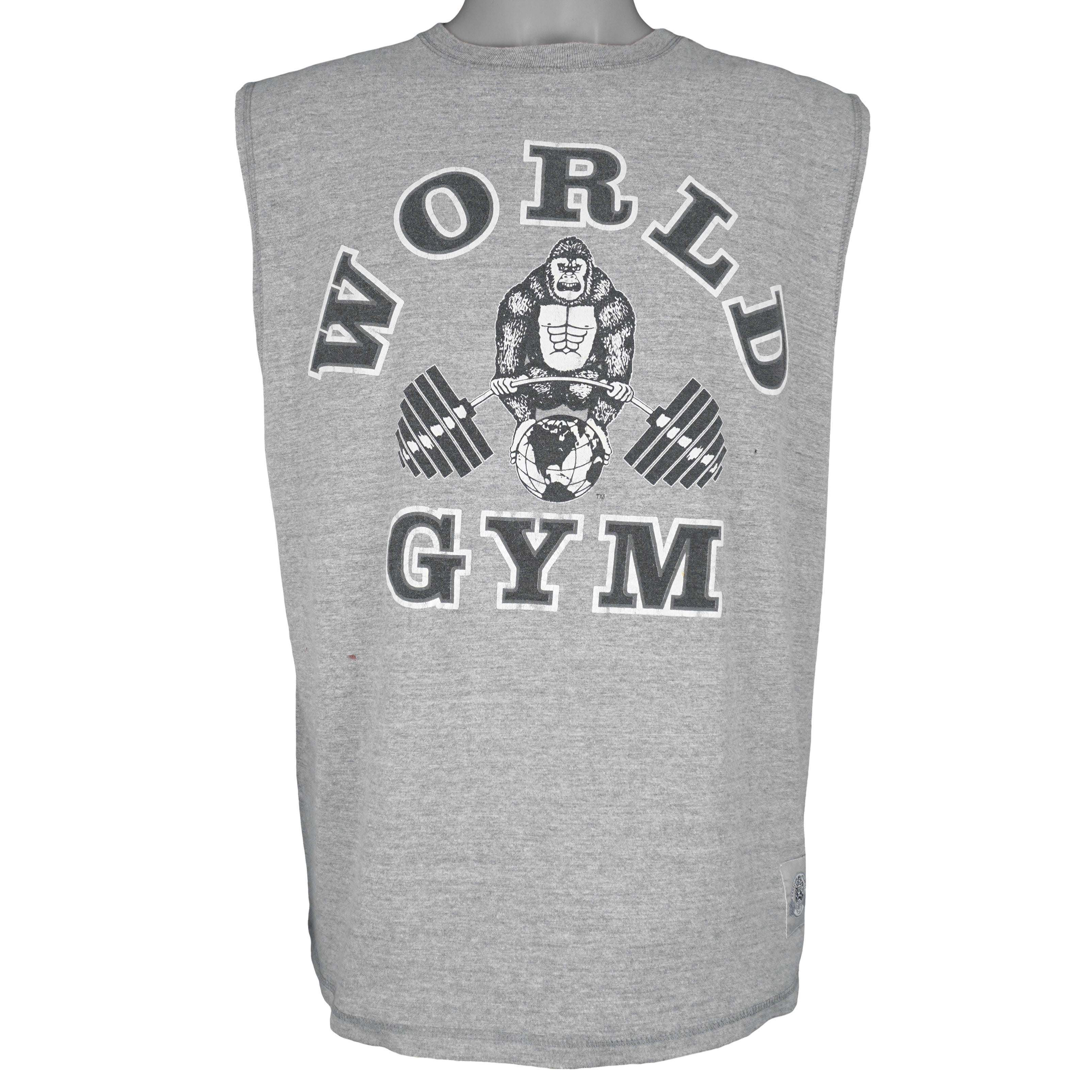 Vintage - Grey World Gym Big Spell-Out Sleeveless Shirt Large Vintage Retro