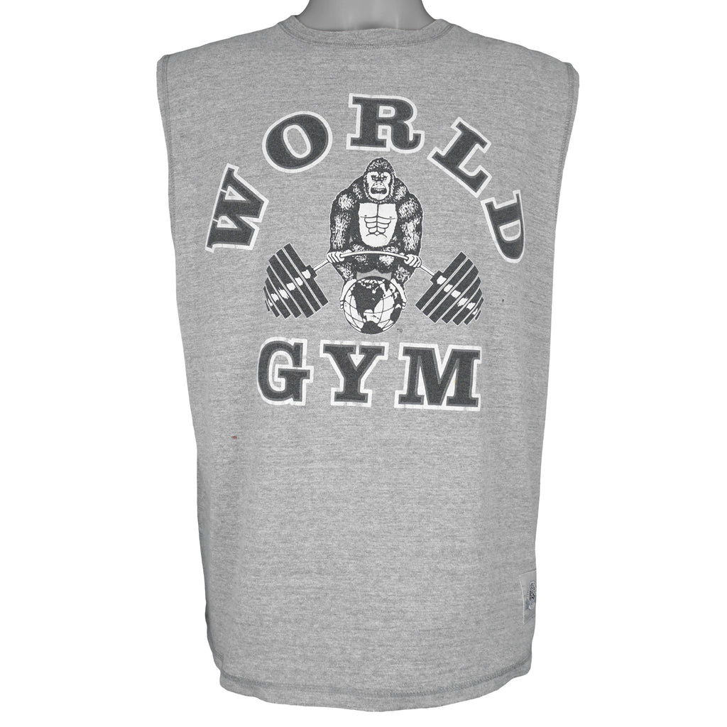 Vintage - Grey World Gym Big Spell-Out Sleeveless Shirt Large Vintage Retro